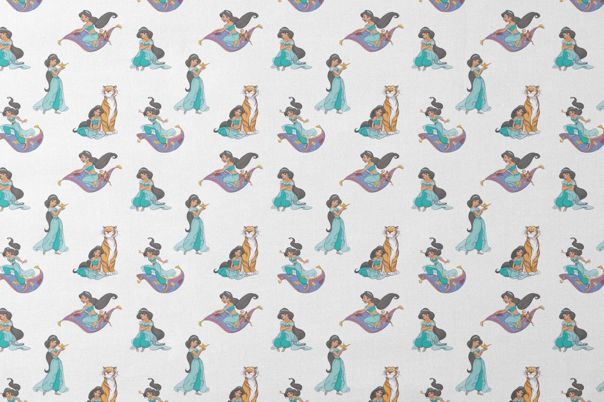 Cartoon pattern featuring a princess in teal outfit with long black hair in various poses with a magic carpet and tiger designs flat mockup