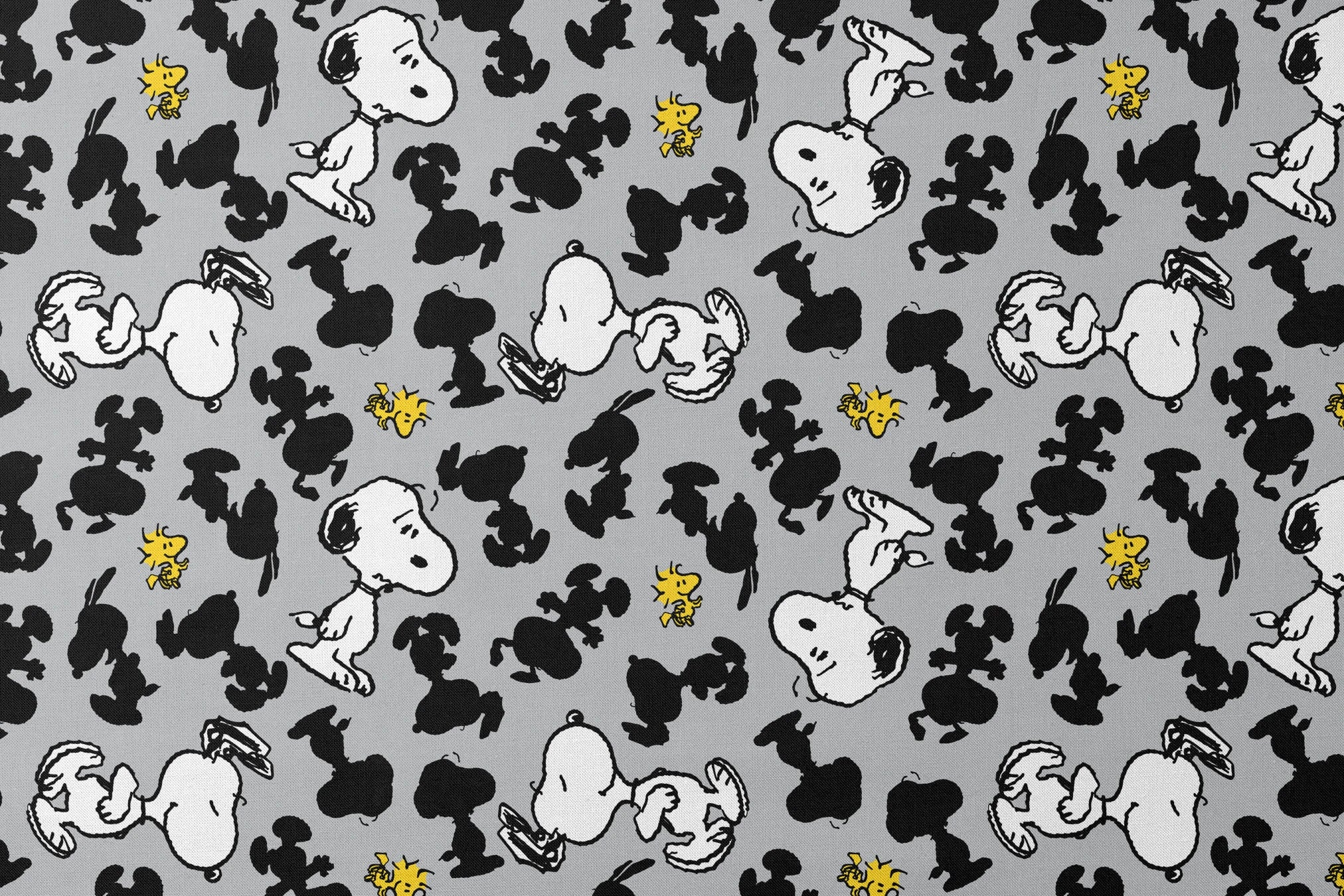 Pattern of Snoopy and Woodstock on gray background with black silhouettes designs flat mockup