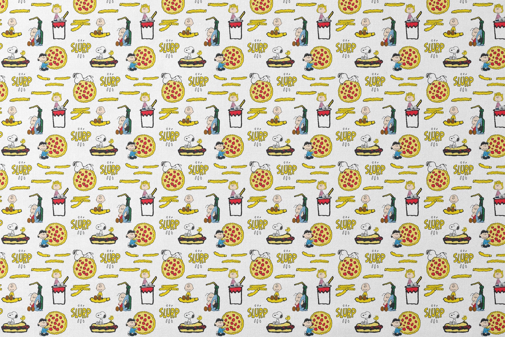 Peanuts cartoon characters with pizza, hot dogs, and "SLURP" text in a repeating pattern designs flat mockup
