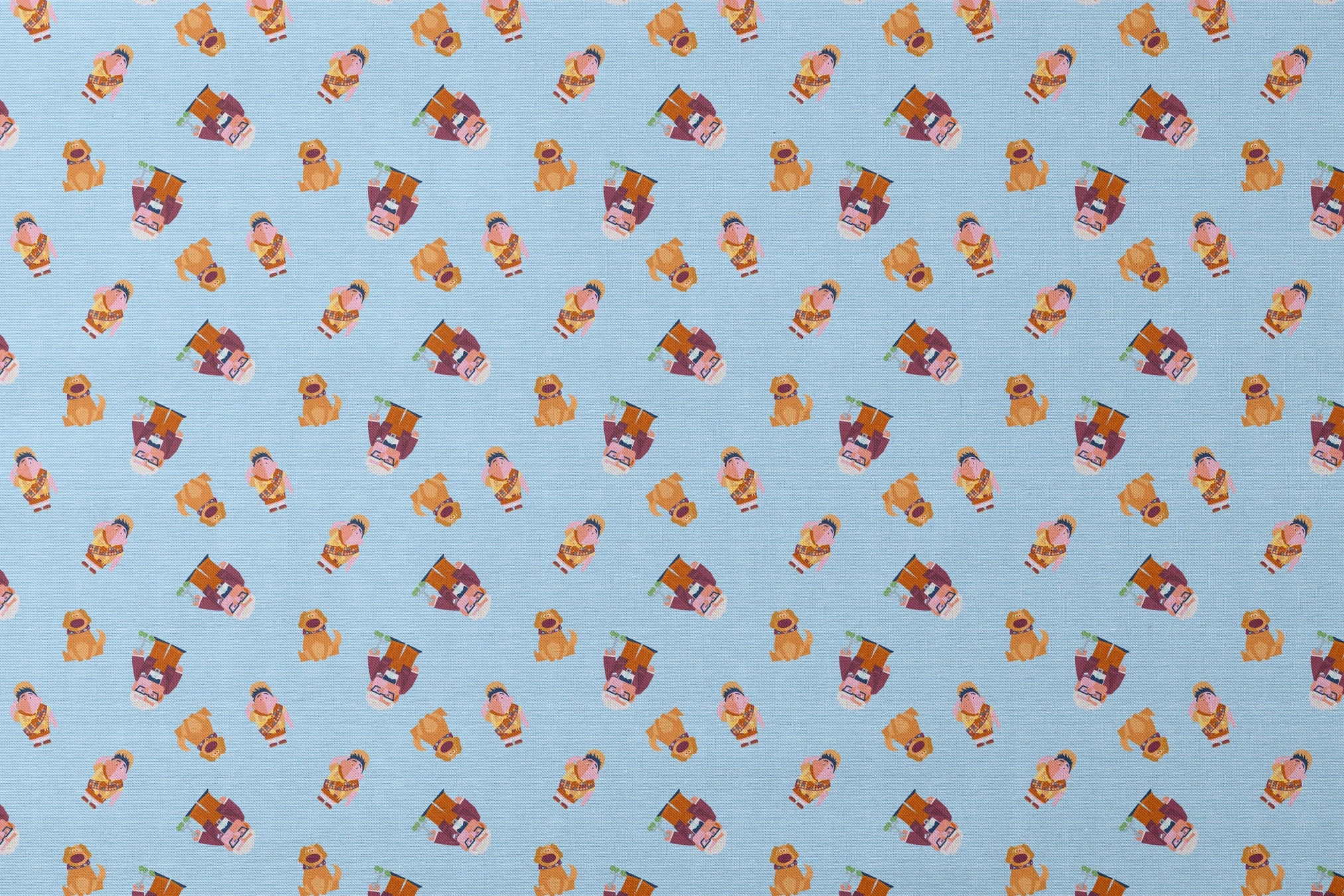 Cartoon characters from Up movie pattern on light blue striped background, featuring colorful illustrations designs flat mockup