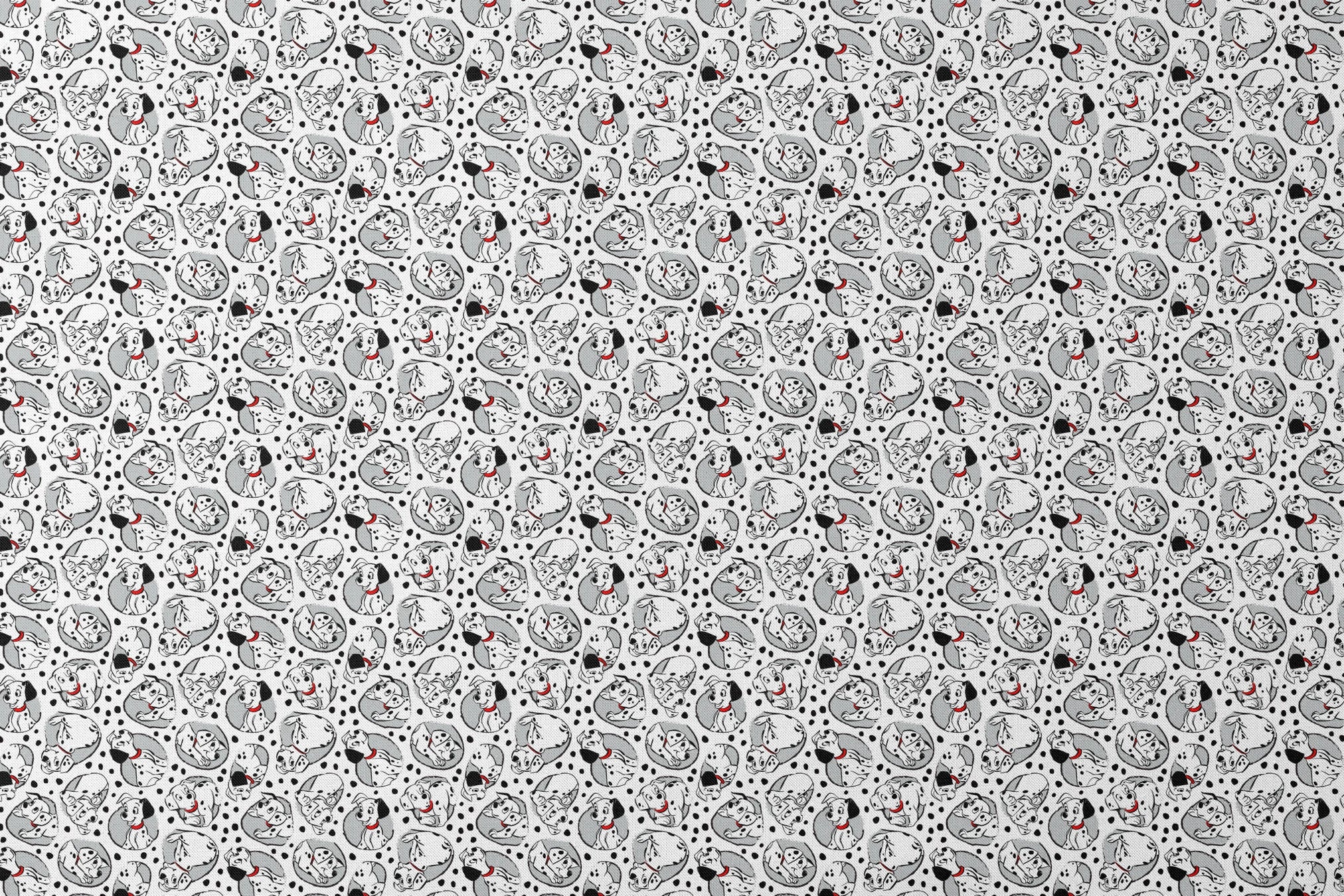 Cartoon pattern of Dalmatian puppies with black spots and red collars on white background designs flat mockup
