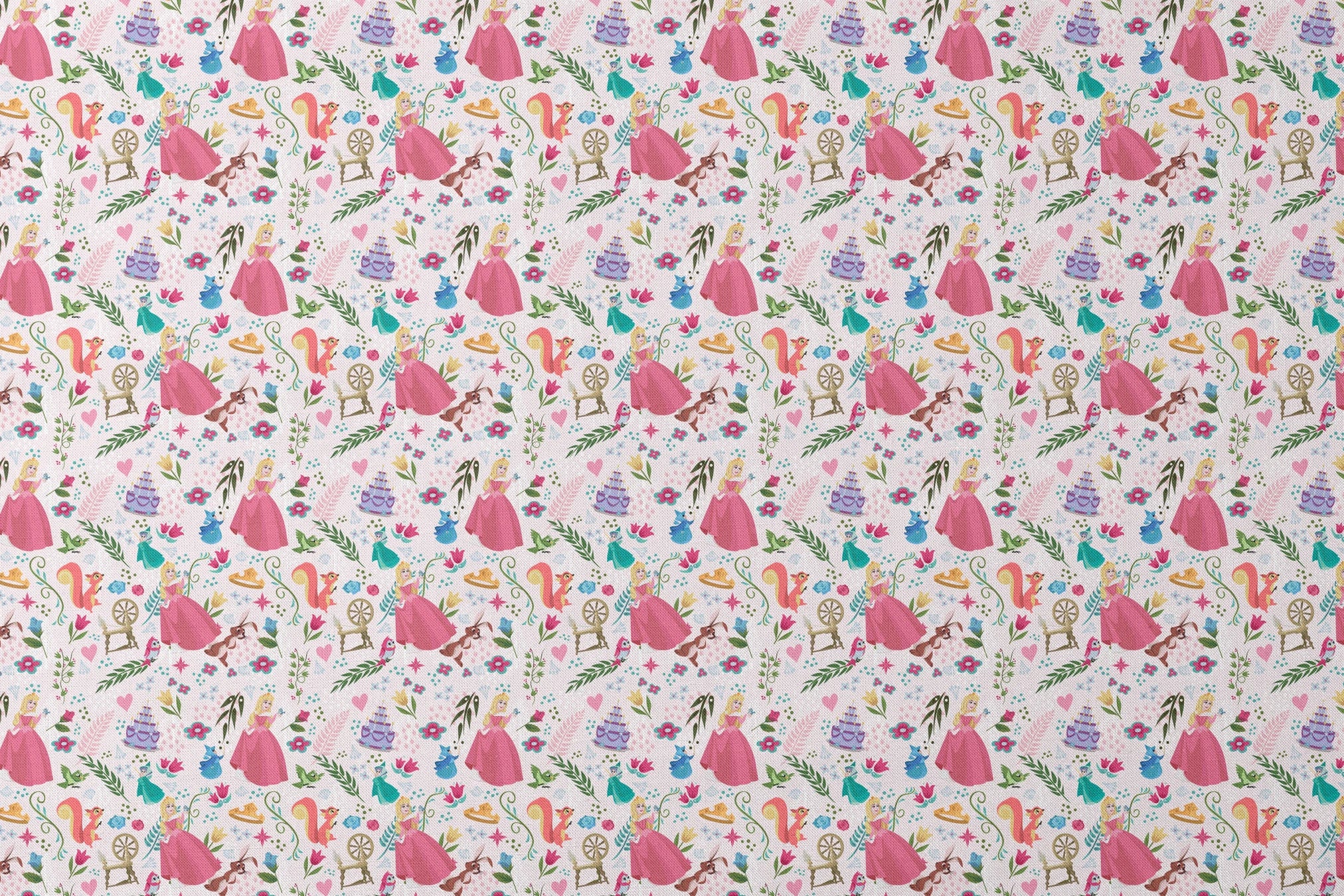 Colorful Sleeping Beauty pattern with Aurora, animals, flowers, spinning wheel, and cake on light background designs flat mockup