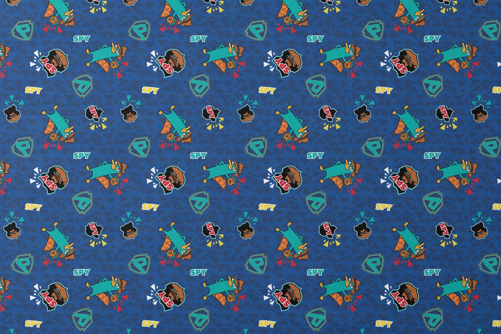 Colorful Perry the Platypus pattern with "SPY" text on blue geometric background designs flat mockup