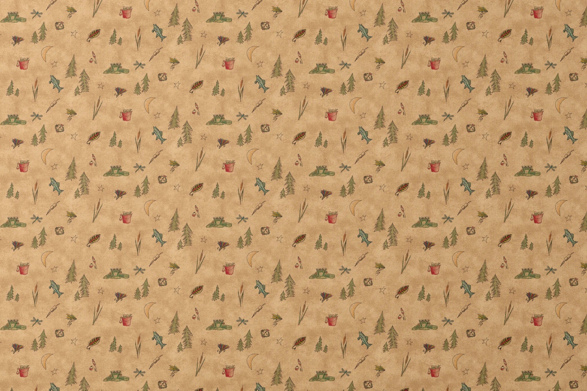 Outdoor camping pattern with tents, trees, lanterns, and nature elements on beige background designs flat mockup