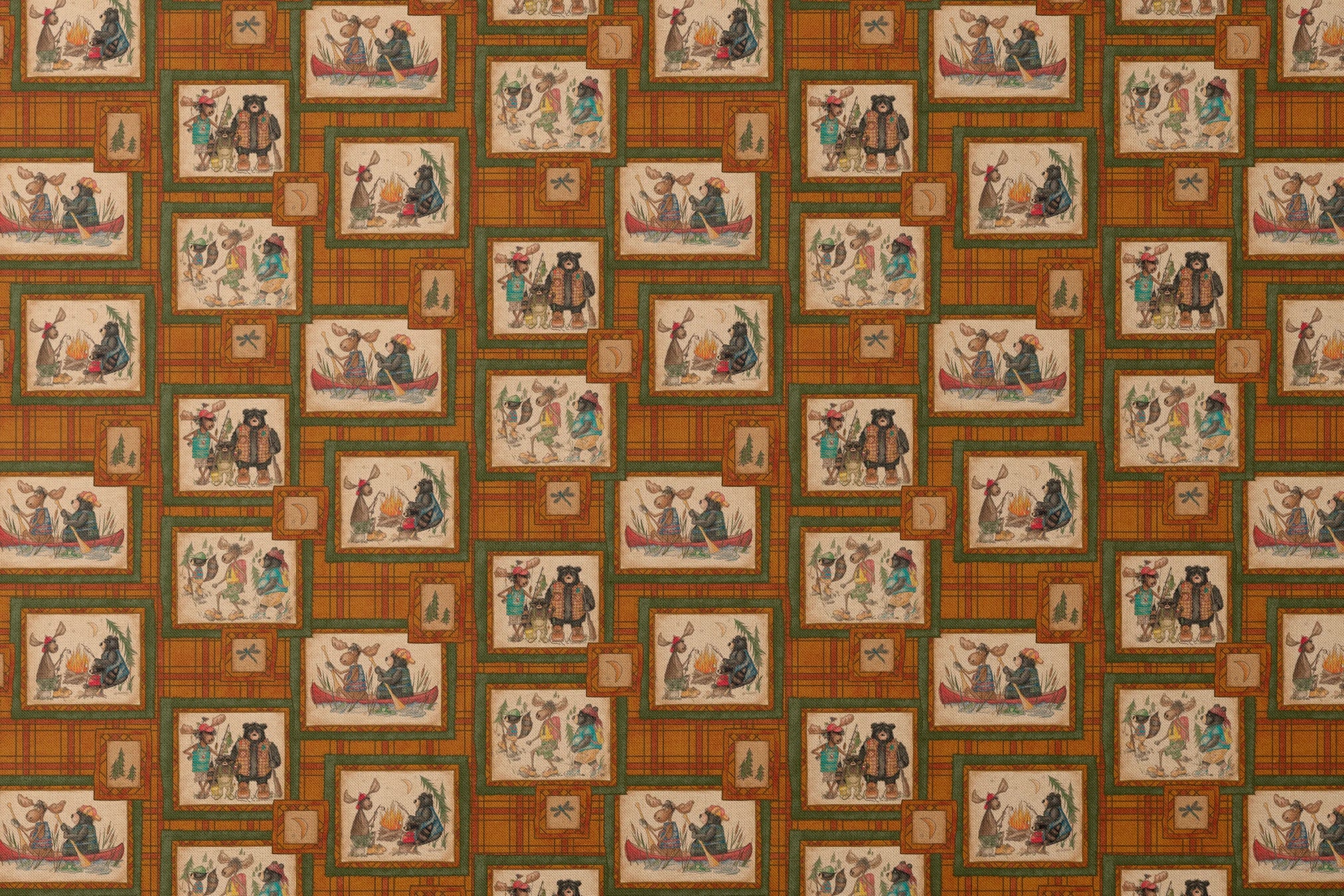 Vintage-style patchwork pattern with framed scenes of people and animals on orange plaid background designs flat mockup