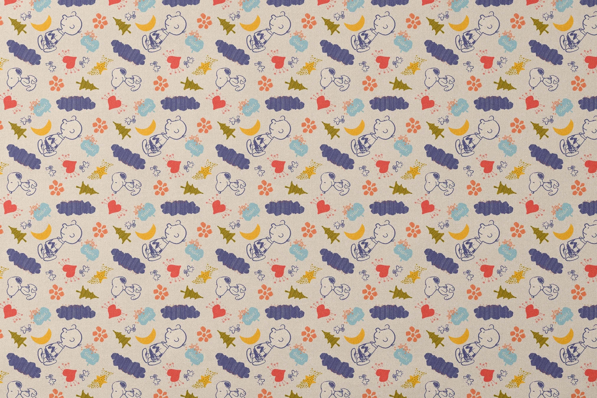 Whimsical Peanuts pattern with trees, clouds, moon, and birds in blue, red, green, and yellow on cream background. designs flat mockup
