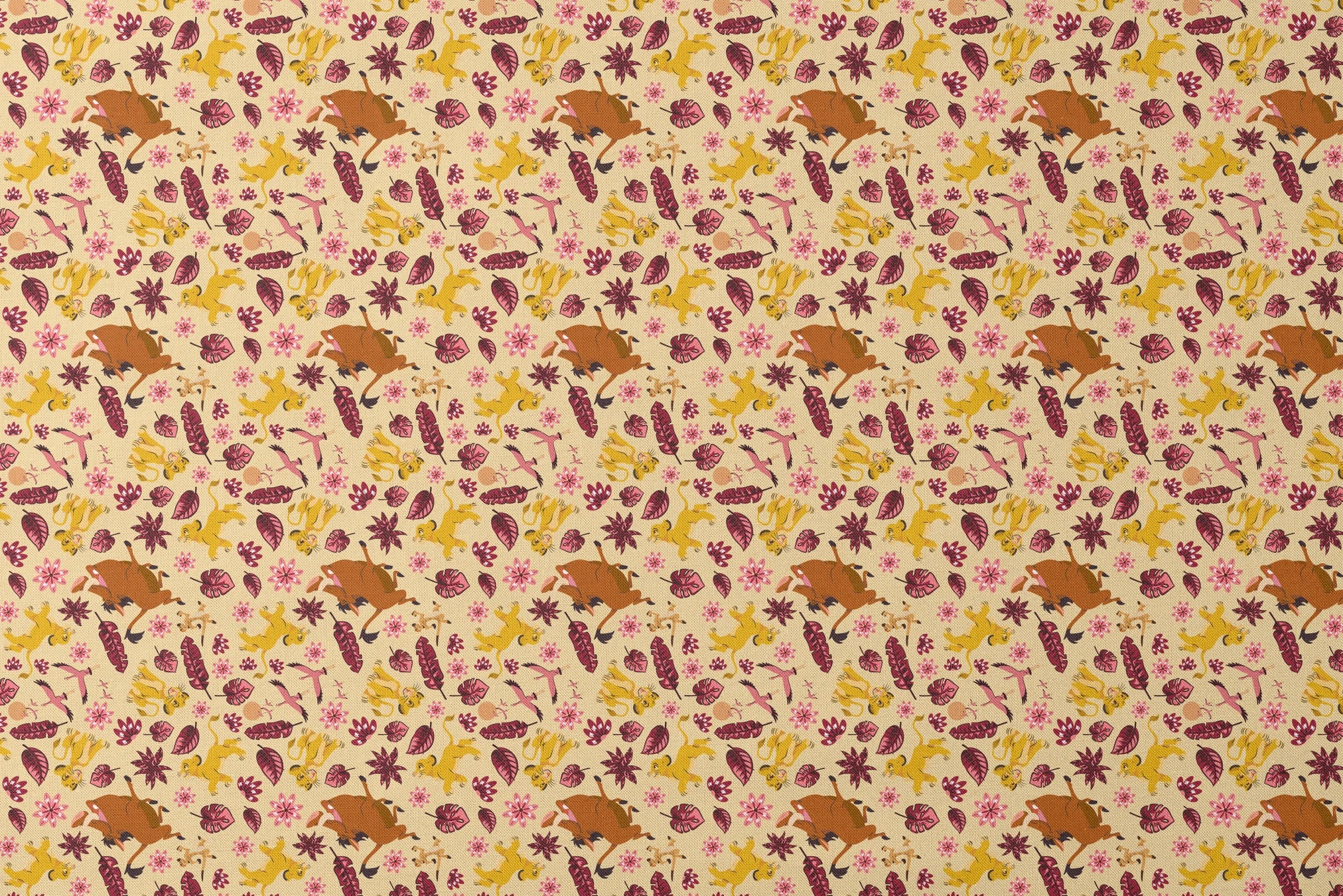 Decorative pattern with lions, gazelles, and boars in yellows and browns among maroon leaves and pink flowers designs flat mockup