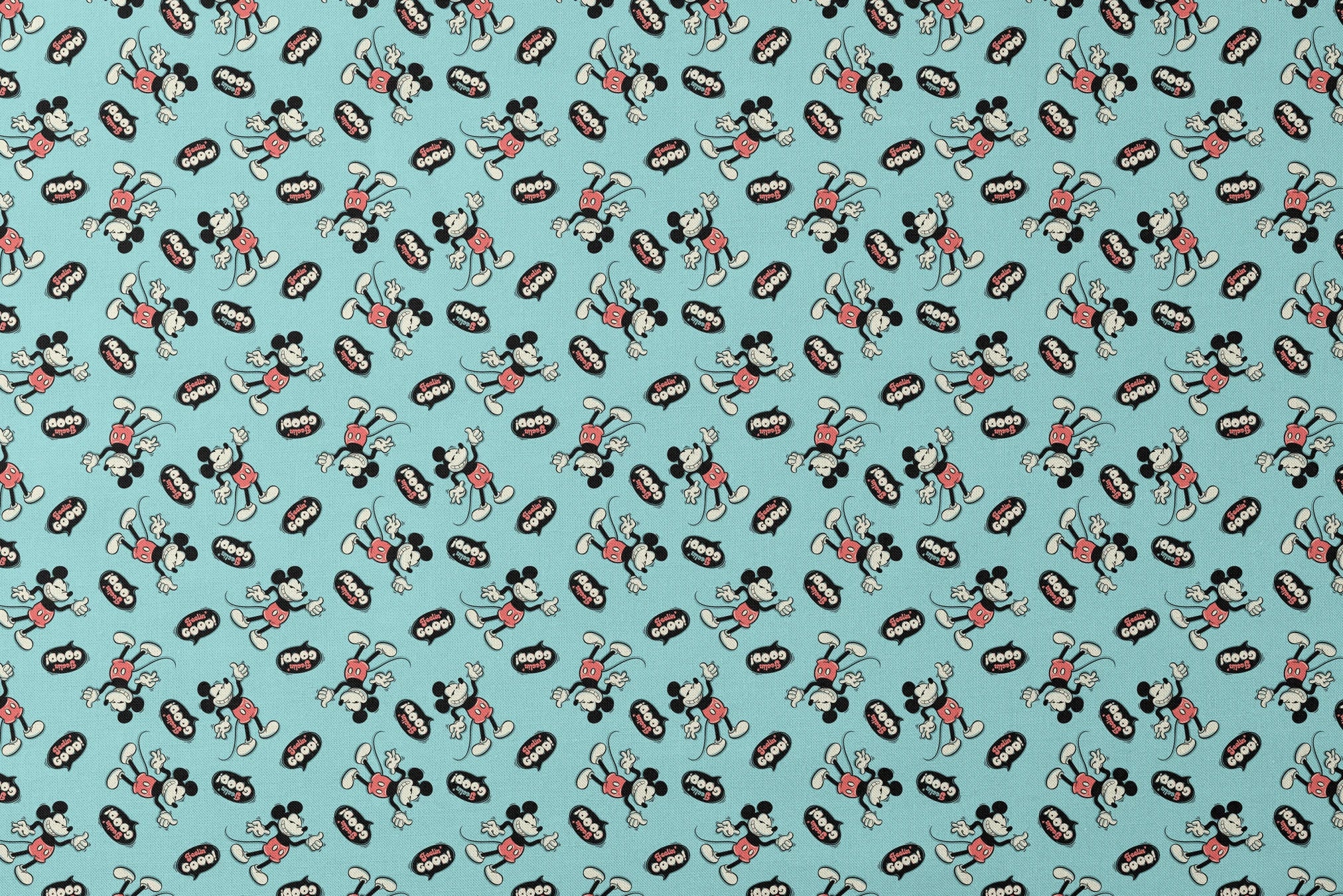 Mickey Mouse pattern on teal background with cartoon characters and "Gosh!" speech bubbles designs flat mockup