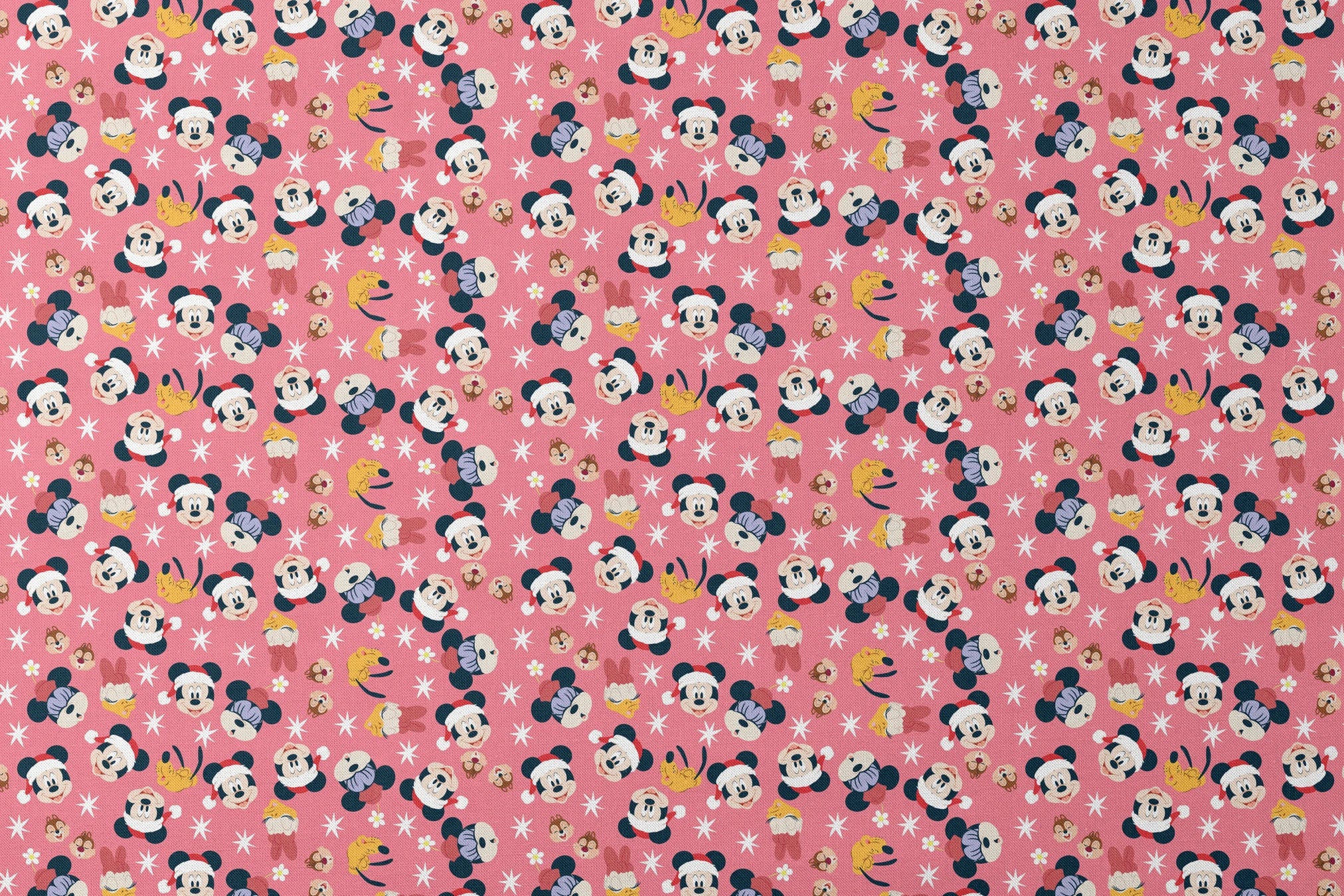 Mickey Mouse pattern with holiday elements on pink background, featuring white stars and gold accents designs flat mockup