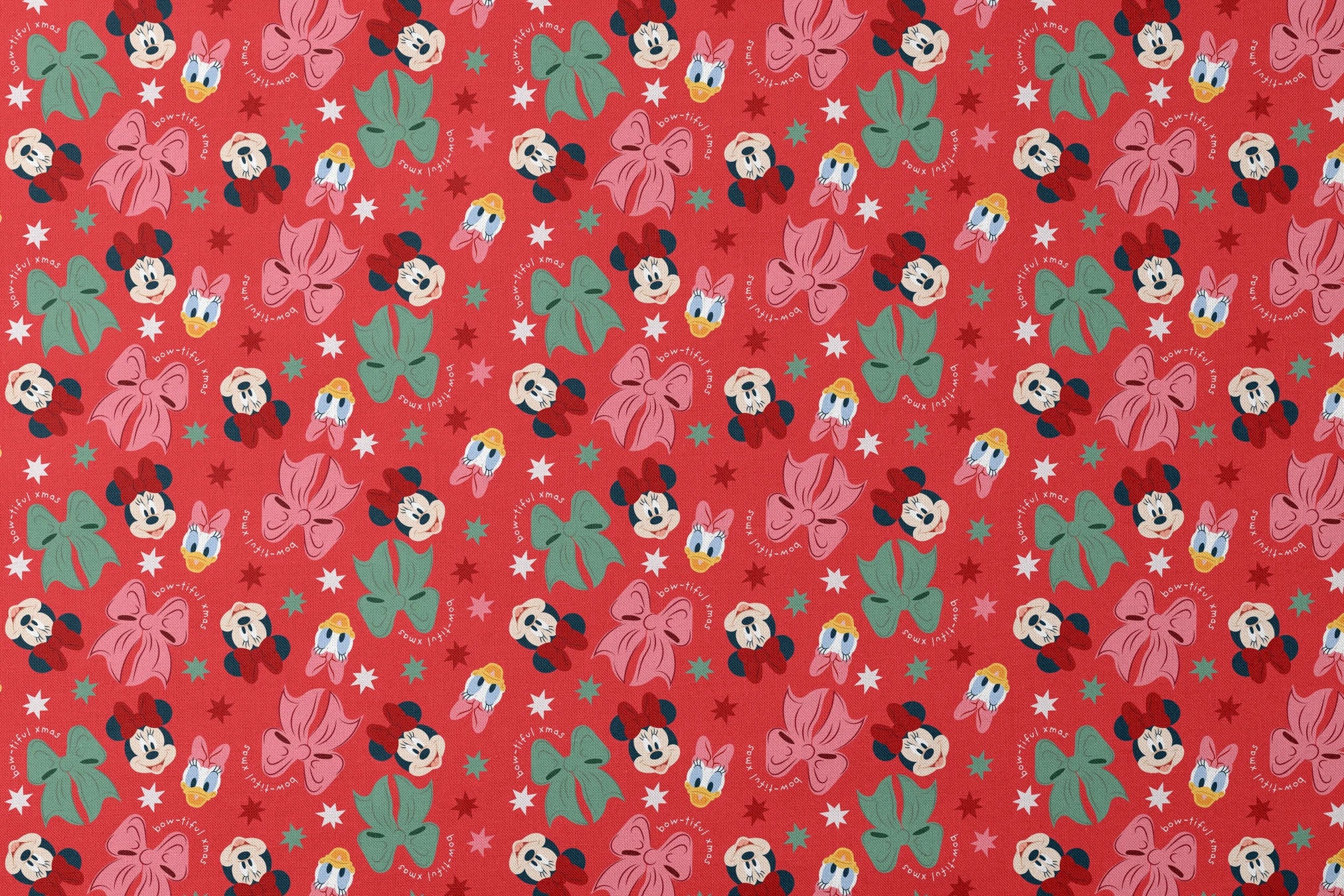 Disney character pattern with Minnie Mouse, Mickey Mouse and Donald Duck on red background with bows and stars designs flat mockup