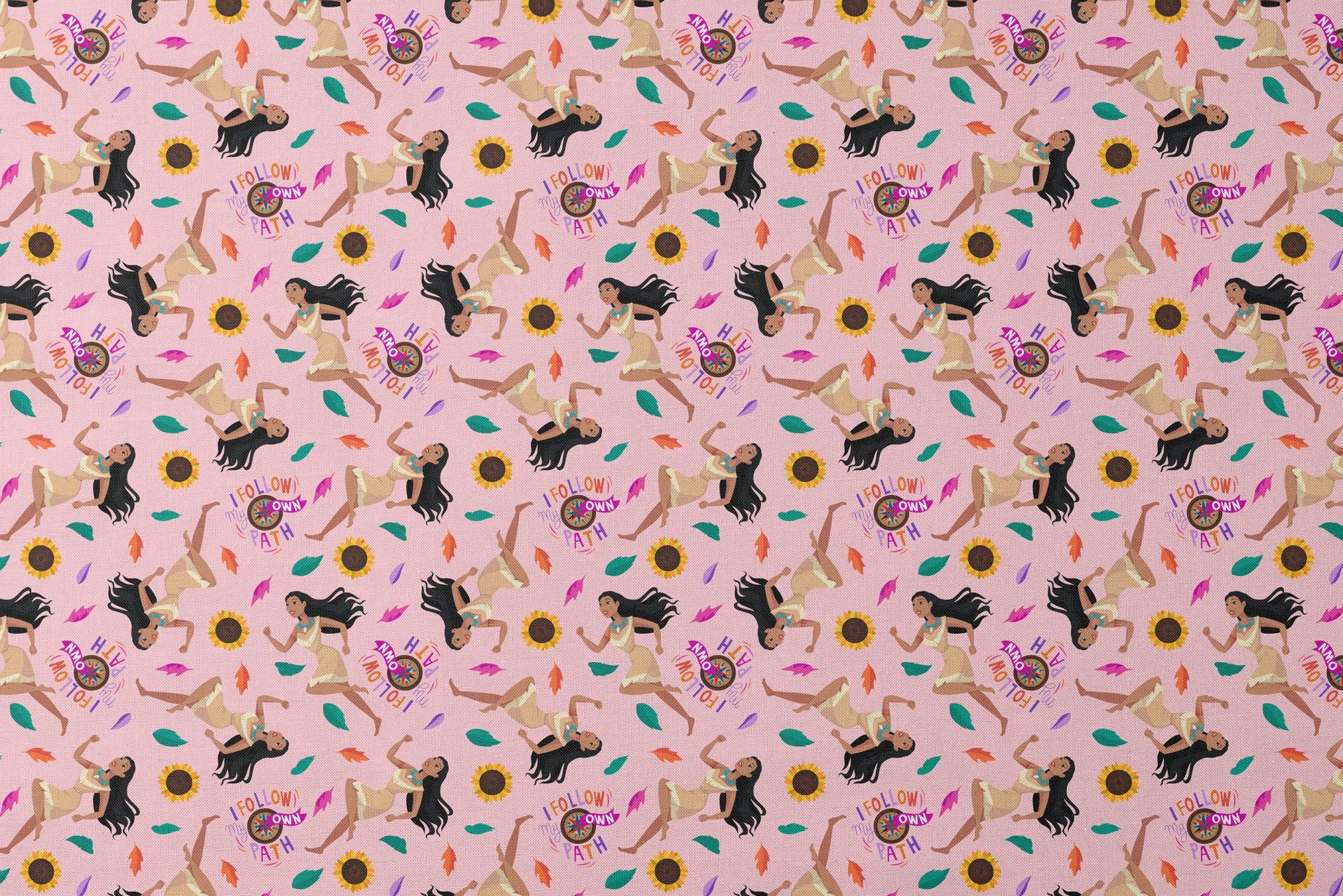 Colorful pattern with figures in relaxed poses, sunflowers, and text "Hi I Follow My Own Path" on pink background designs flat mockup