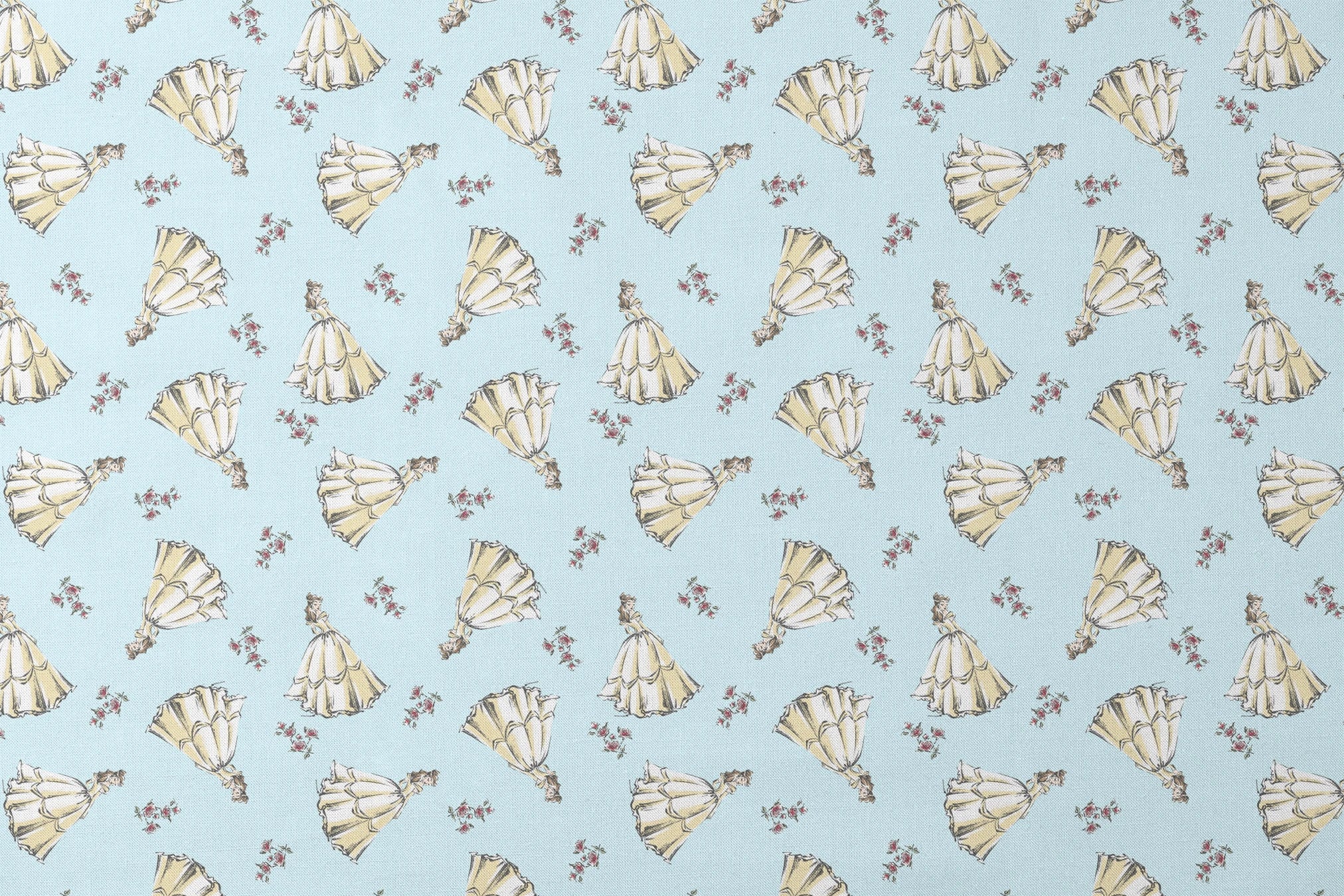 Light yellow pleated bell-shaped objects with small pink floral accents scattered on pale blue background designs flat mockup