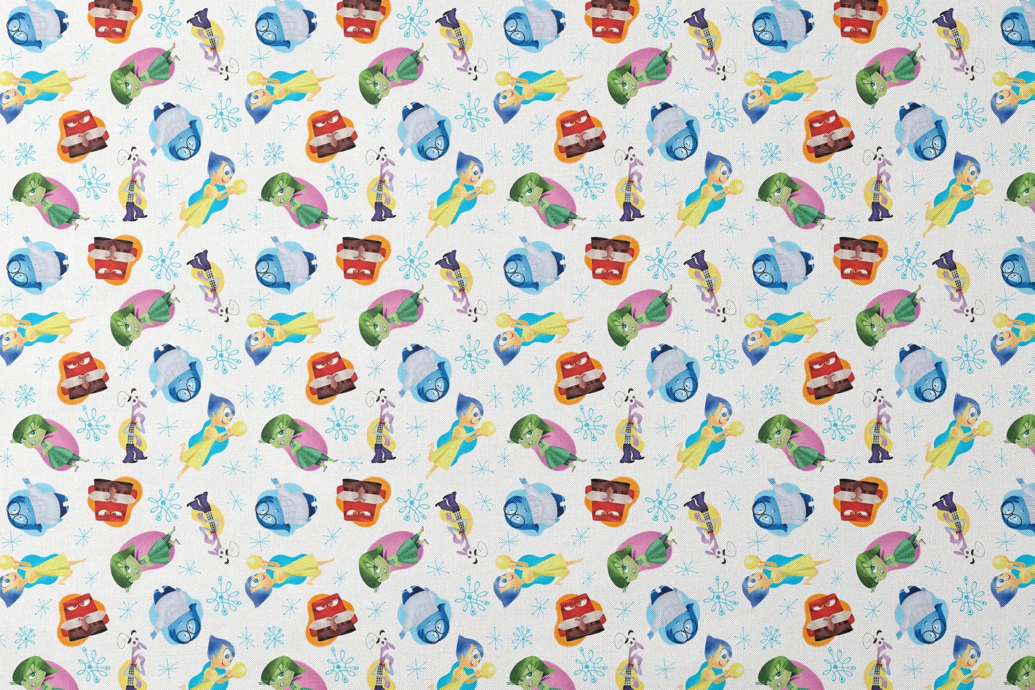 Colorful pattern of cartoon Inside Out characters with snowflake accents on white background designs flat mockup