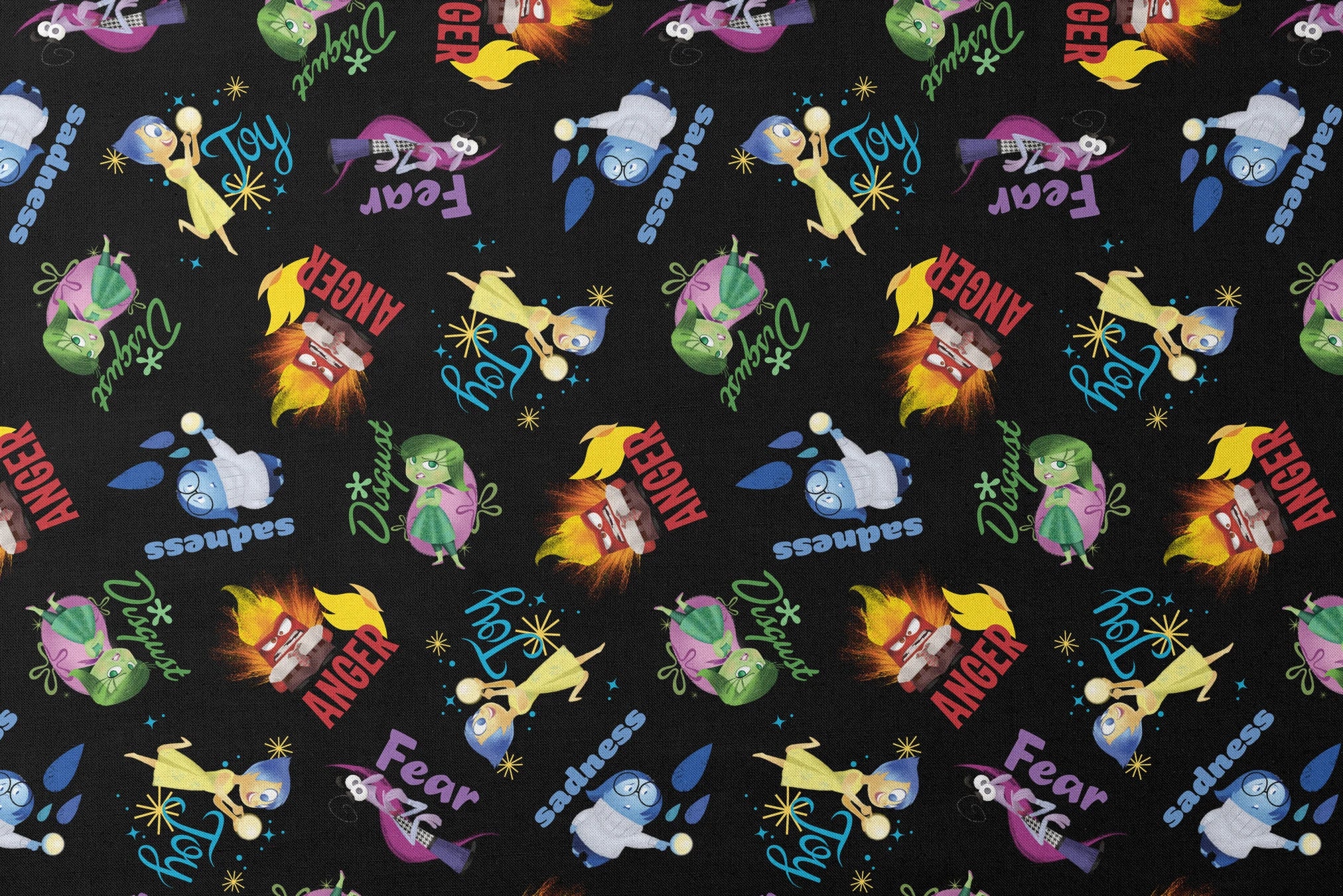 Colorful Pixar pattern on black background with Inside Out characters and emotion words like "Fear designs flat mockup