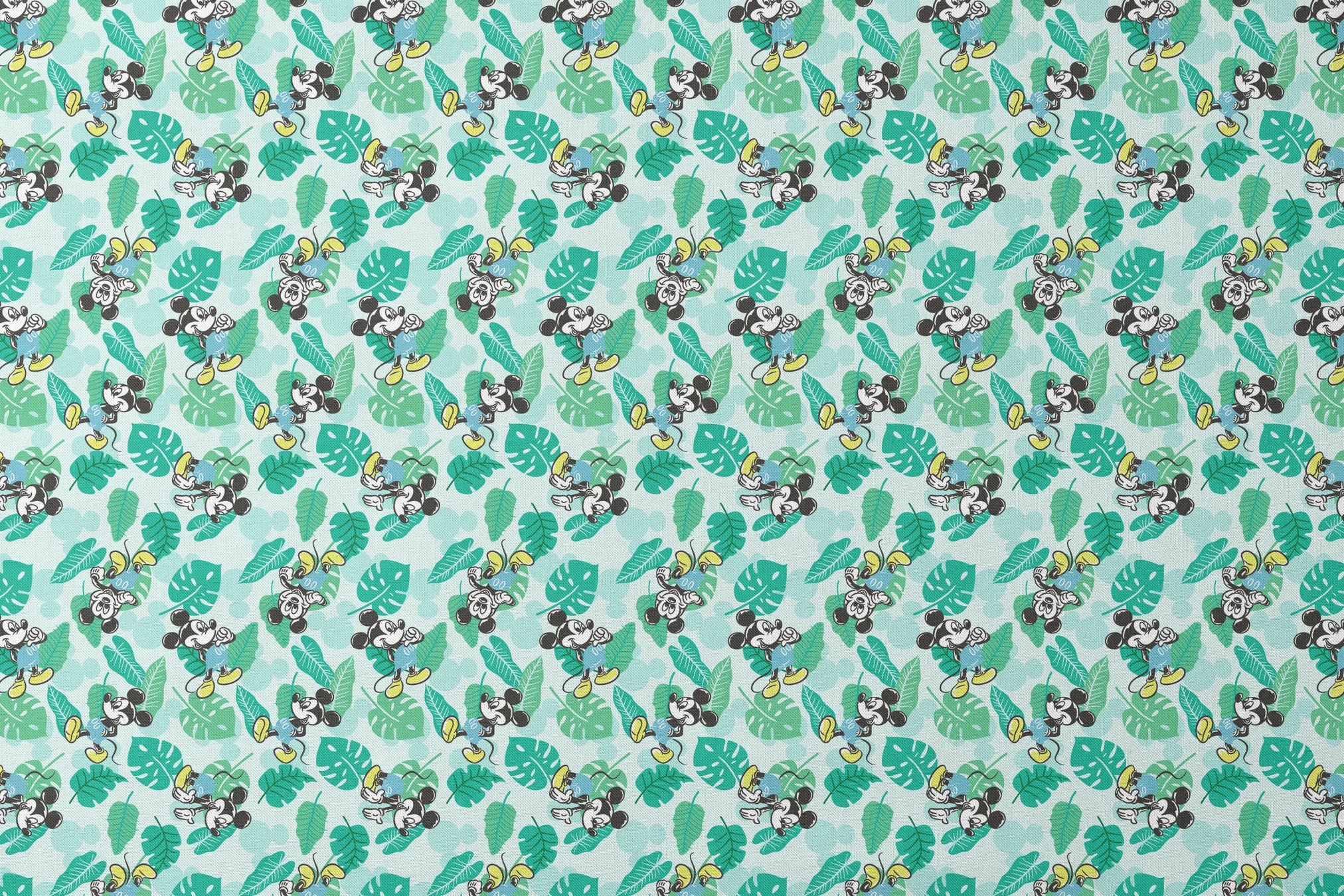 Colorful pattern with cartoon mice characters and tropical green leaves on a light blue background designs flat mockup