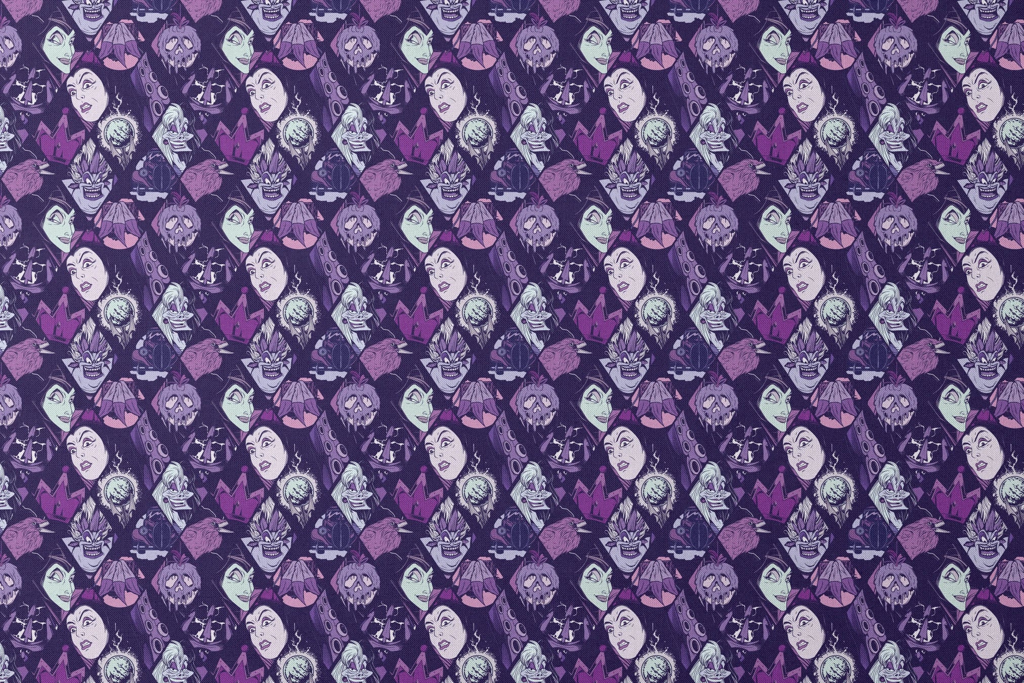 Stylized Disney villains in purple tones featuring evil queens, monsters, and creatures with sinister expressions. designs flat mockup
