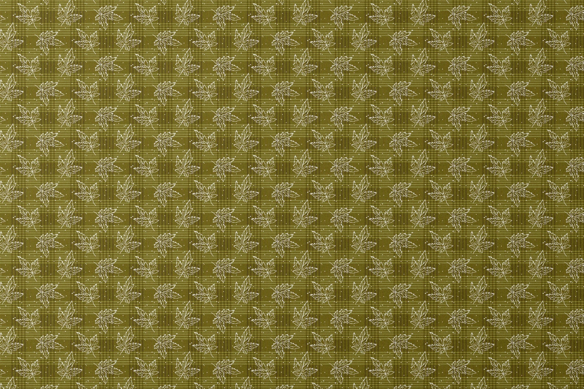 Olive green plaid pattern with scattered white outline maple leaves and small dots designs flat mockup