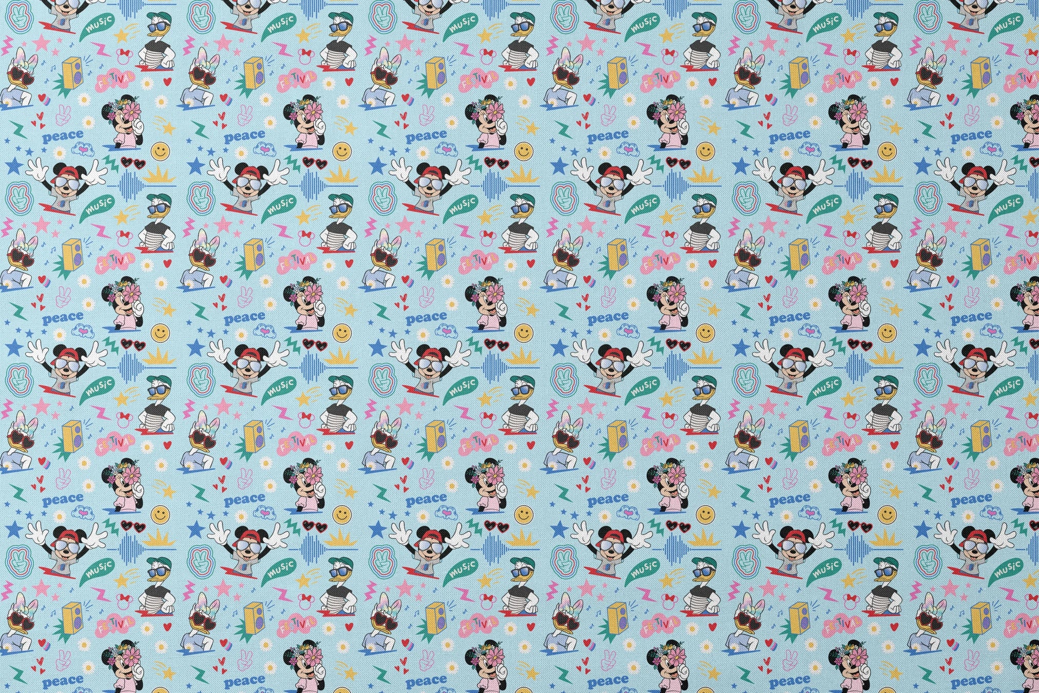 Colorful cartoon pattern with Disney characters, peace signs, stars, and music motifs on light blue background. designs flat mockup