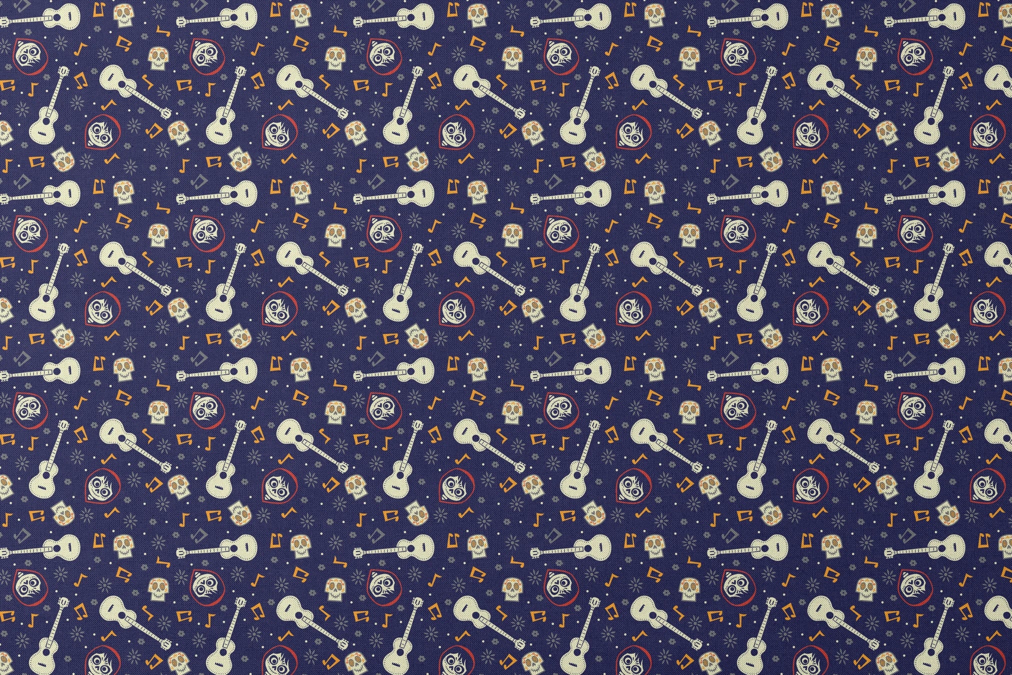 Coco dark blue pattern with white acoustic guitars, decorative skulls, orange musical notes, and circular designs scattered across a starry background. designs flat mockup