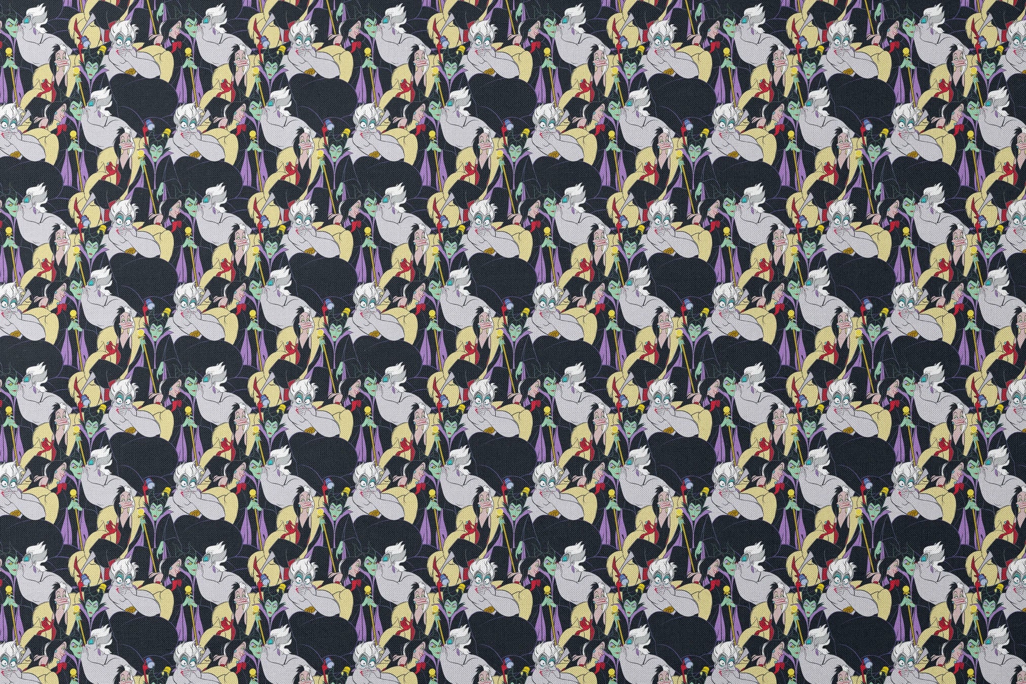 Colorful pattern of Disney villains including Ursula, Maleficent, and Cruella de Vil on dark background designs flat mockup