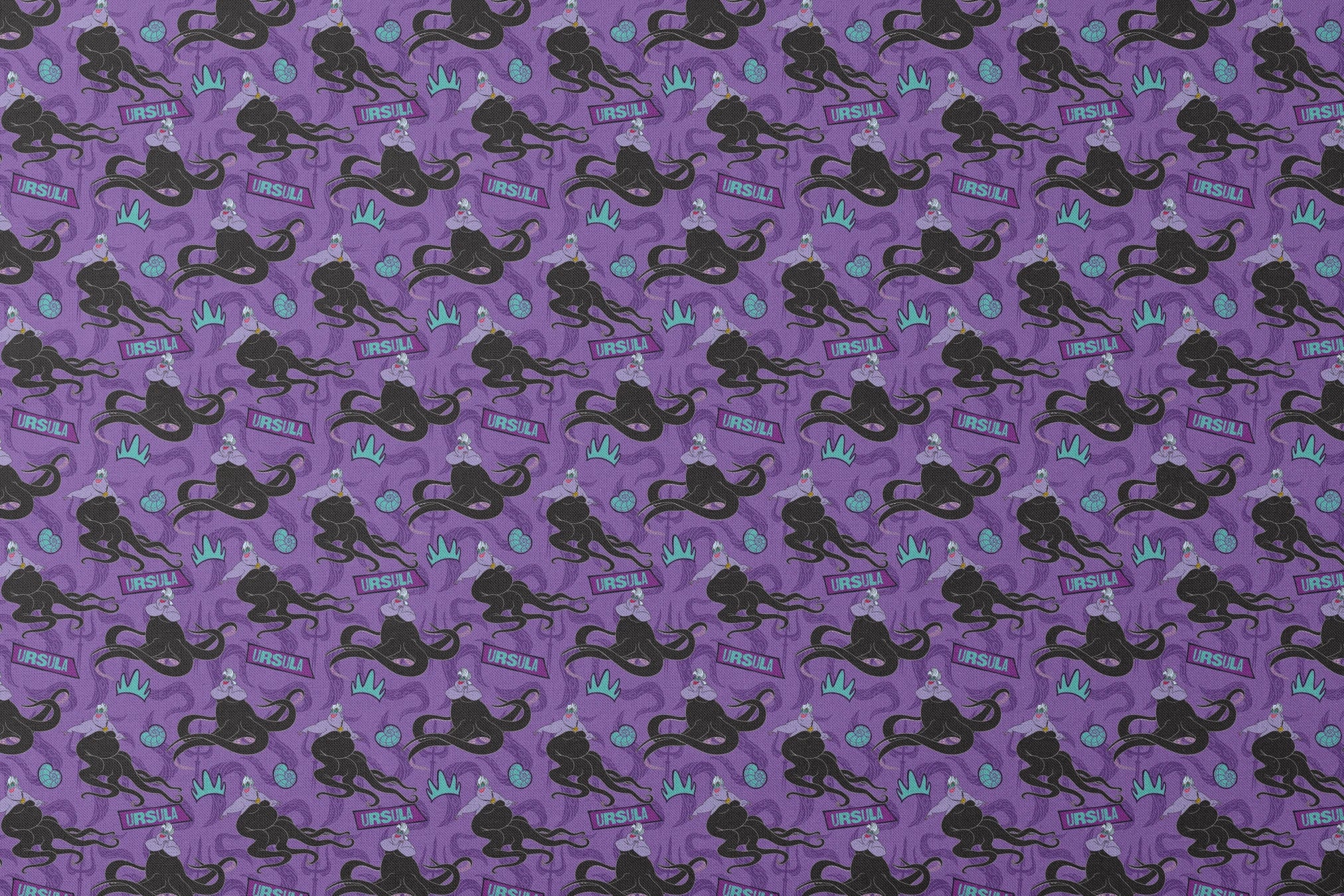 Purple background with Ursula silhouettes, tentacles, turquoise crowns, and name plates in repeating pattern designs flat mockup