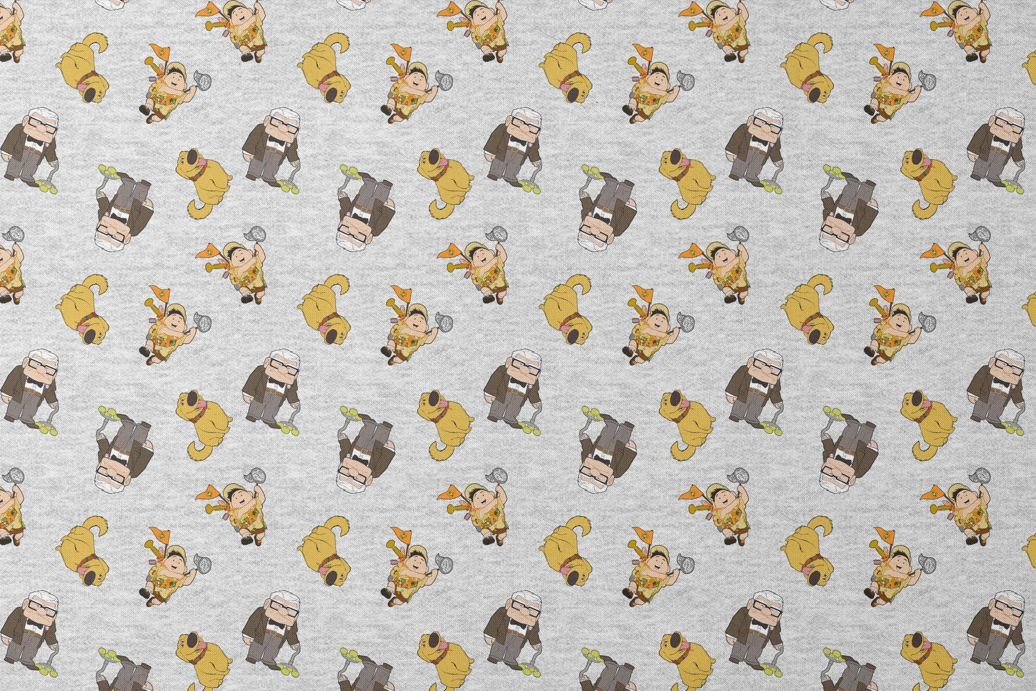 Cartoon characters from Disney's "Up" including Carl, Russell, and Dug on light gray background designs flat mockup
