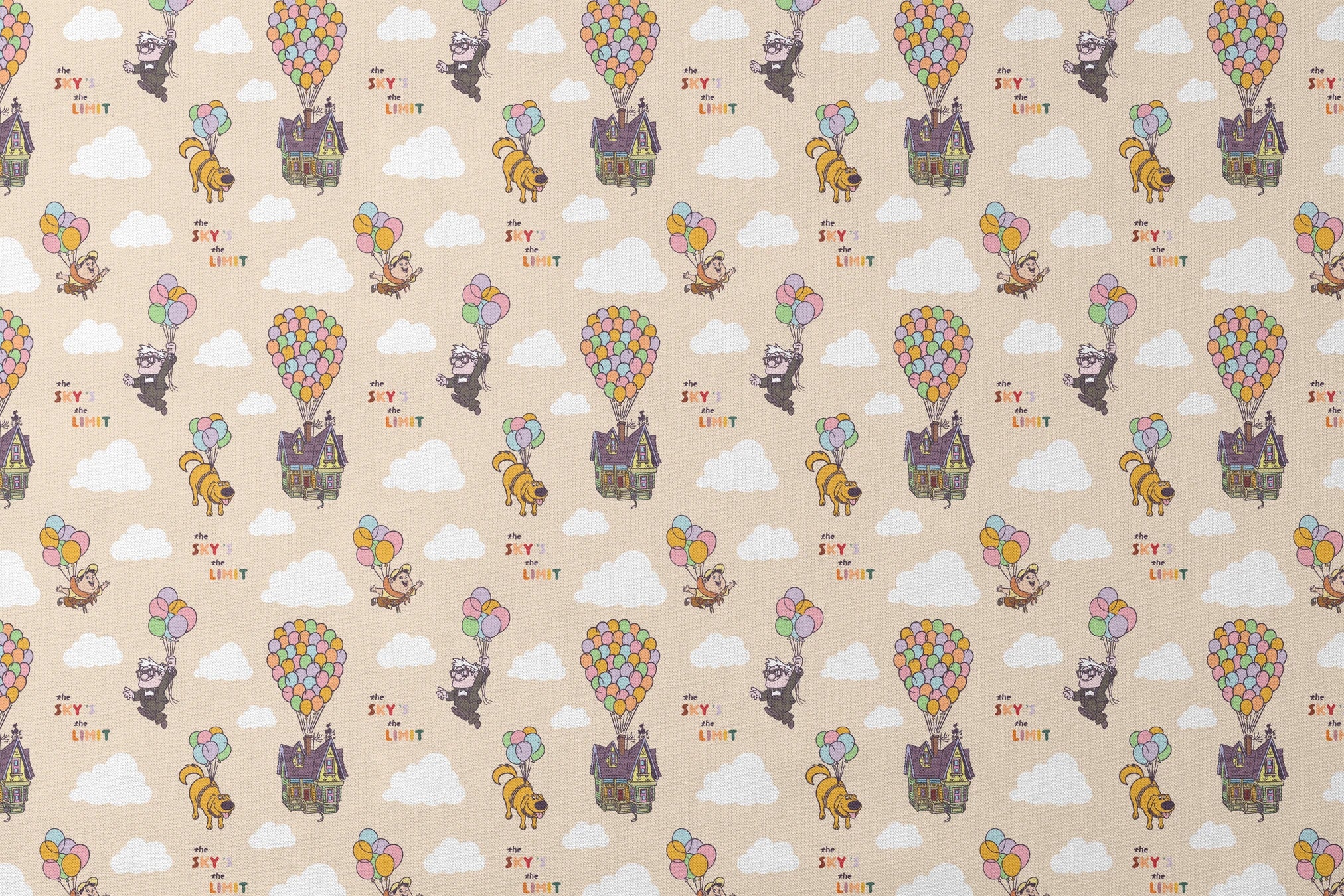 Pixar Up's characters floating with colorful balloons against beige sky with "sky's the limit" text designs flat mockup