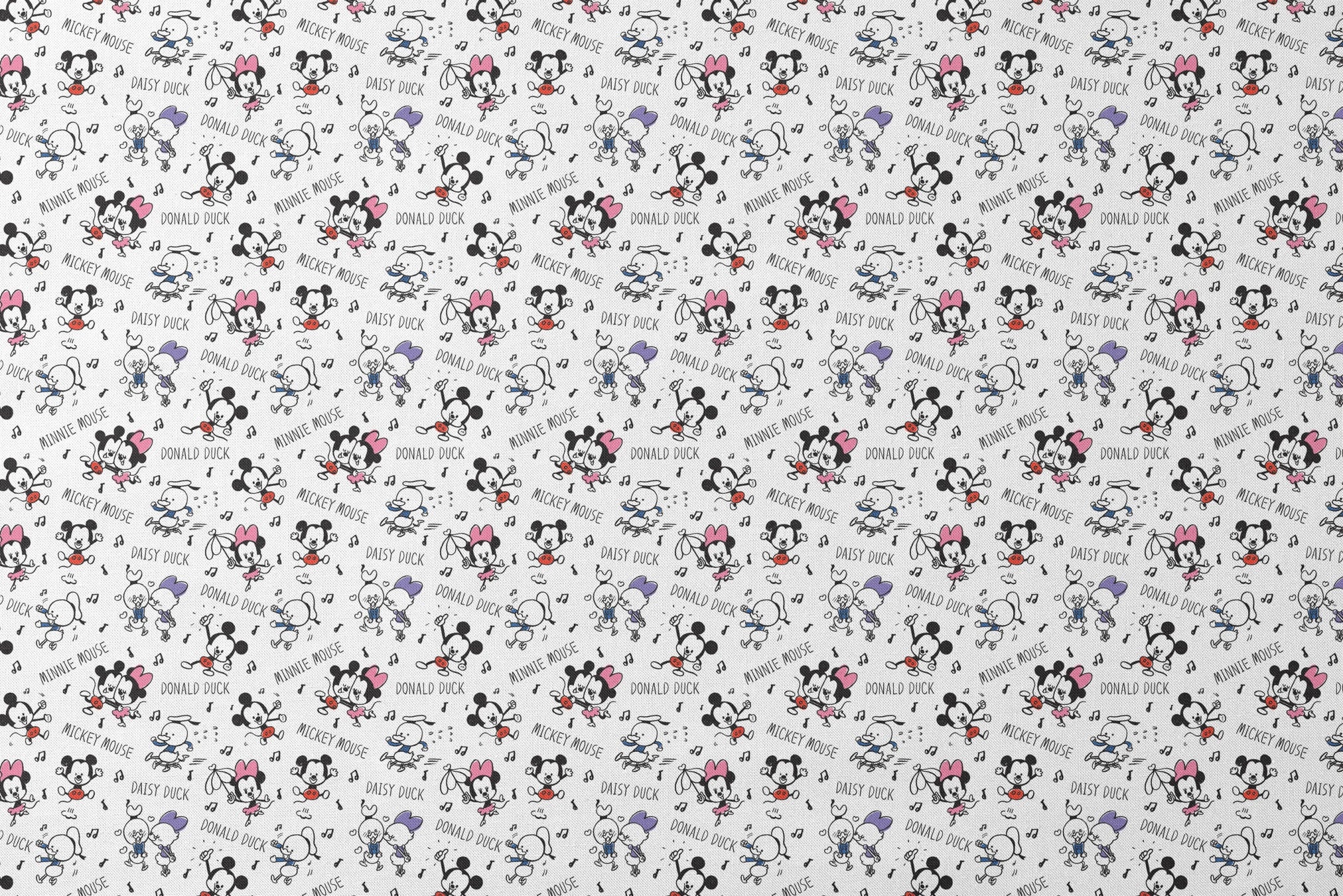 Classic Disney cartoon characters pattern with Mickey, Minnie, Donald, and Daisy with musical notes on white background. designs flat mockup