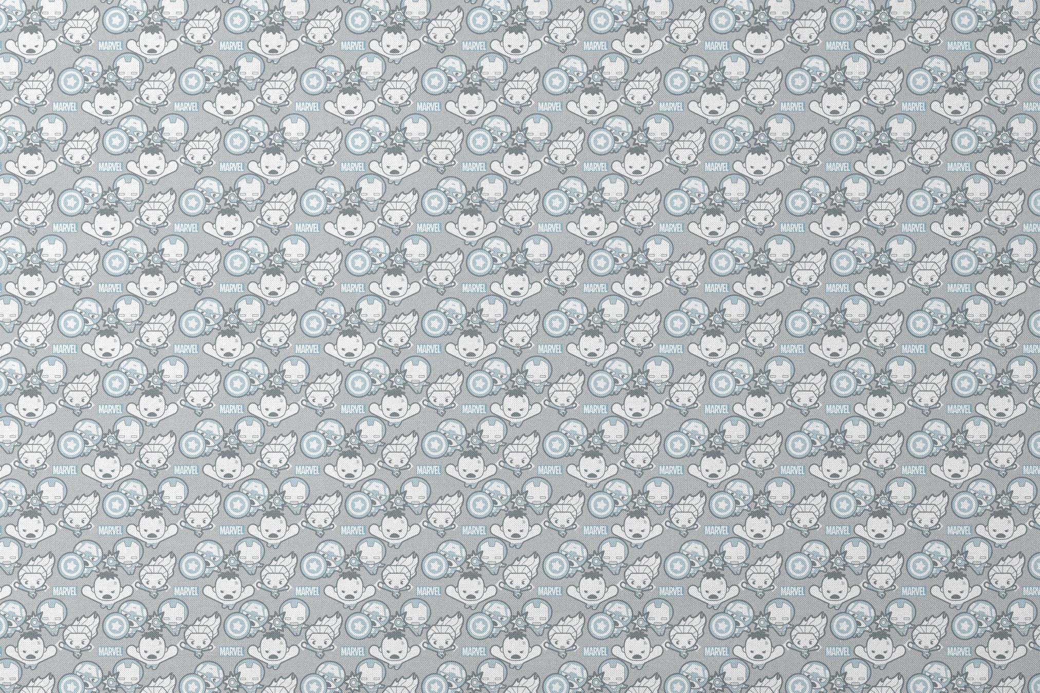 Cute cartoon Marvel superhero pattern with simplified characters and icons on gray background designs flat mockup