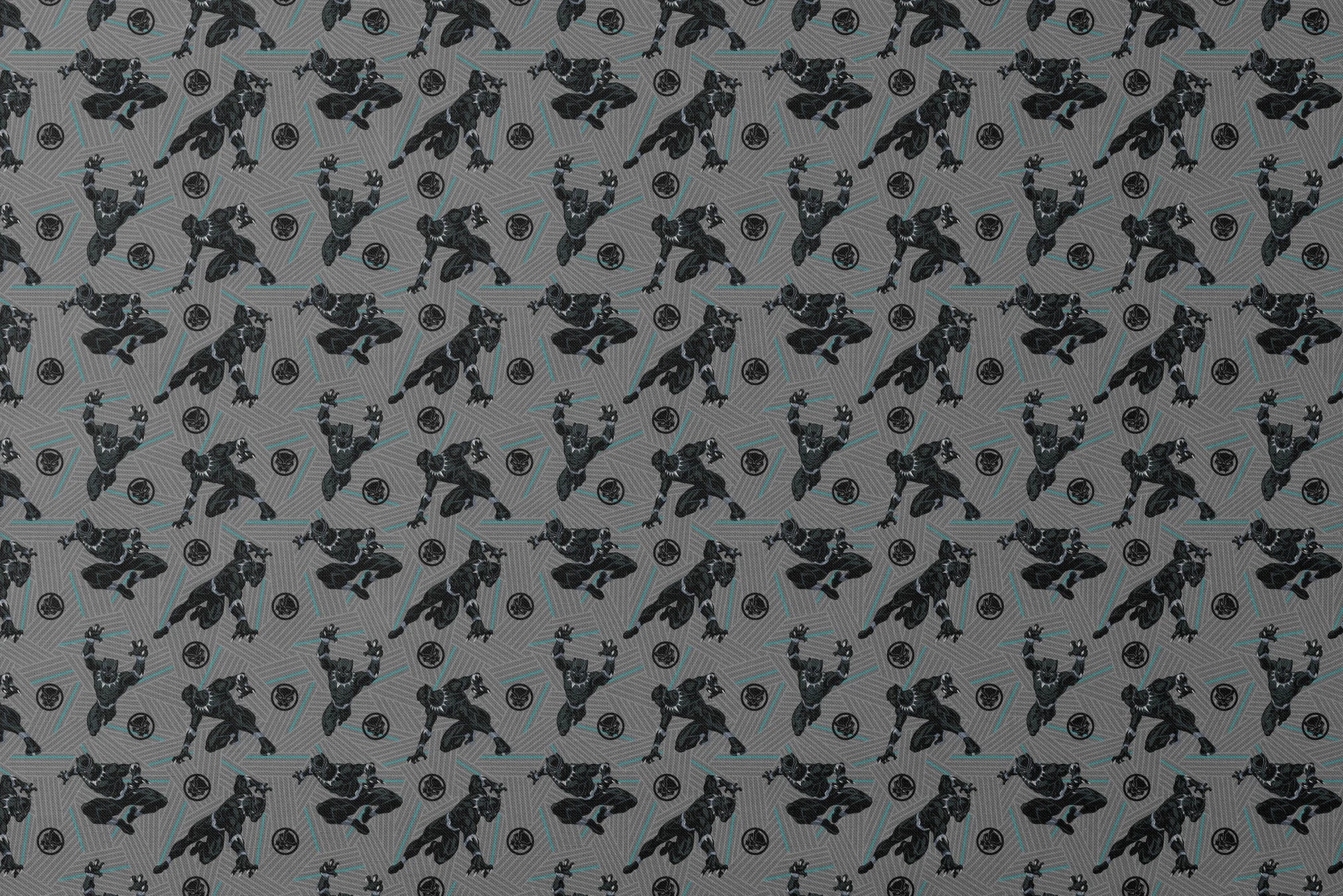 Black superhero figure in dynamic poses against gray geometric background with teal accents and circular emblems designs flat mockup