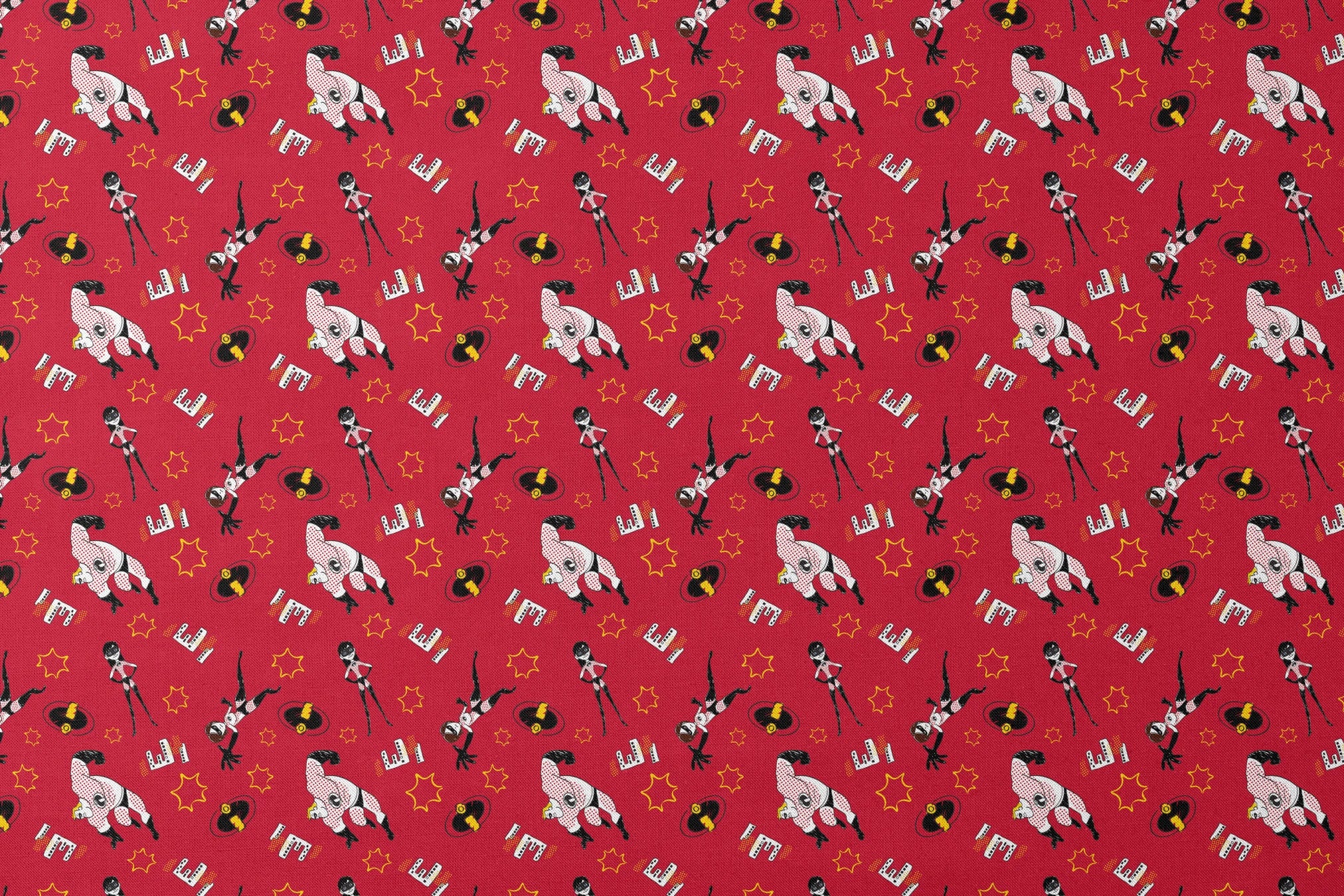 Red background pattern with The Incredibles, yellow stars, and comic book style graphic elements designs flat mockup