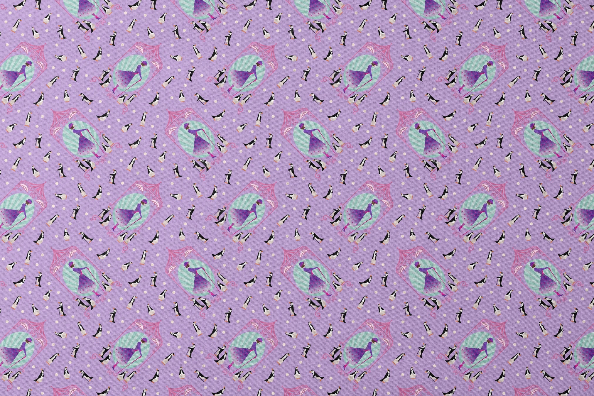 Playful pattern of penguins, Mary Poppins, and purple umbrellas on lavender background with white polka dots designs flat mockup