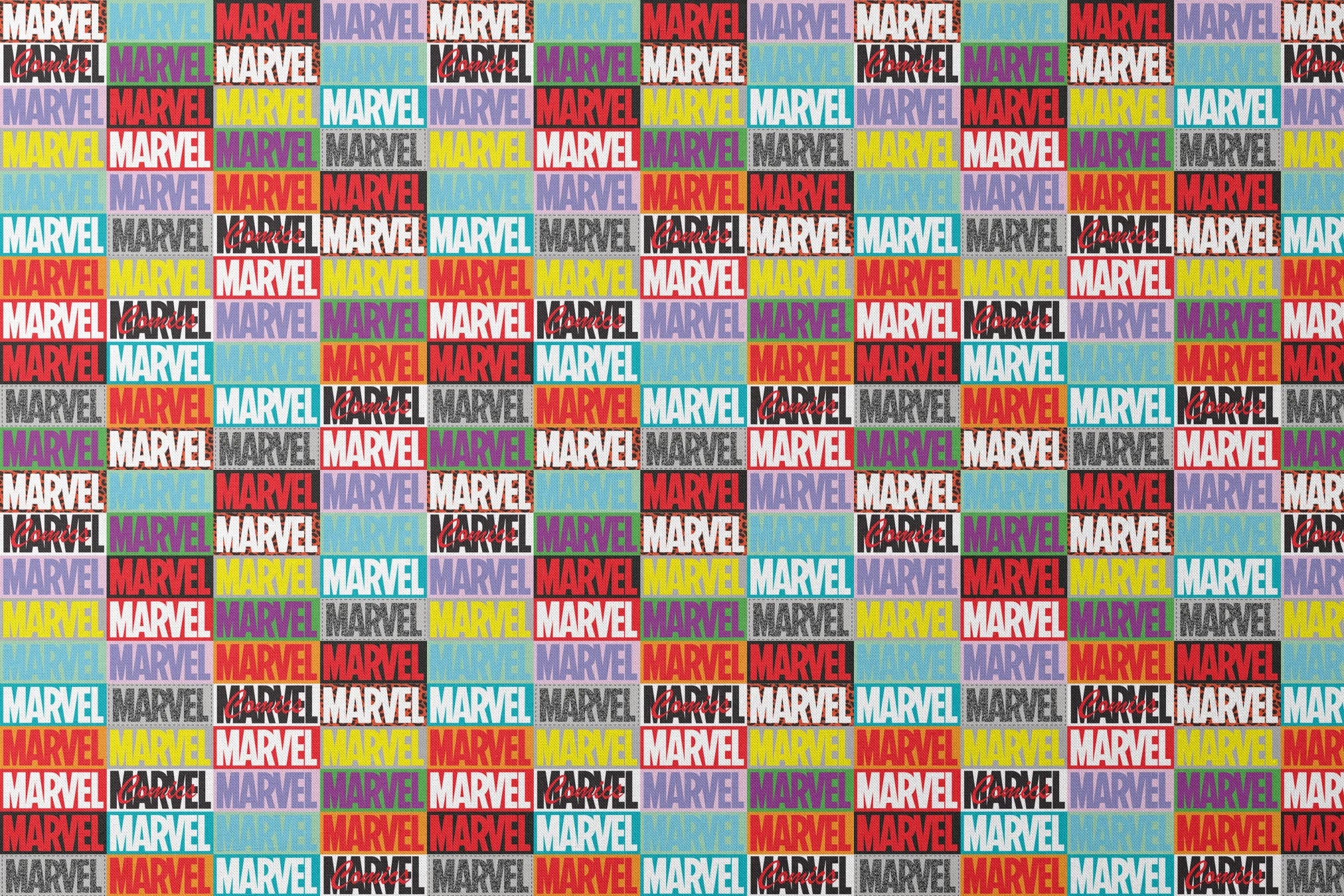 Colorful grid pattern of Marvel logos in various colors including red, blue, yellow, teal, purple, and gray against contrasting backgrounds designs flat mockup