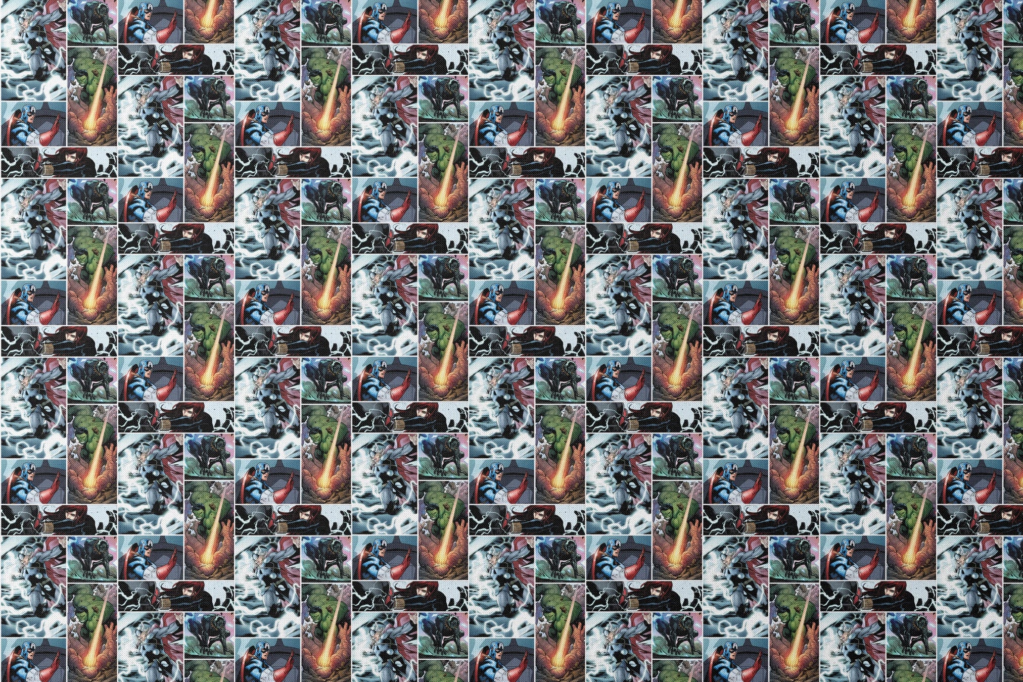 Comic book collage featuring Thor with lightning, Captain America with shield, Hulk, and various Marvel superheroes in action scenes designs flat mockup