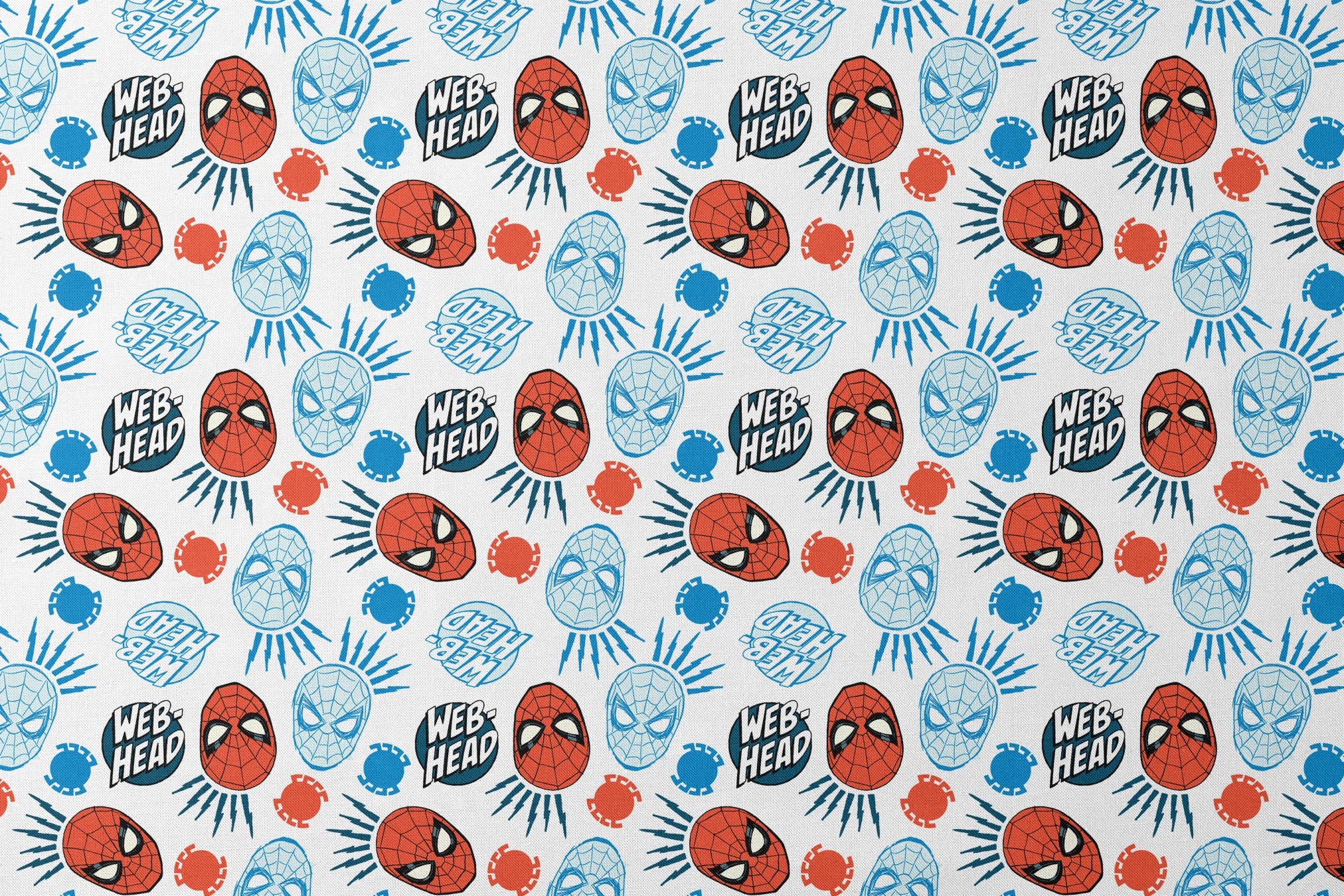 Spider-Man masks pattern with blue and red heads, "WEB HEAD" text, and radiating lines on white background. designs flat mockup