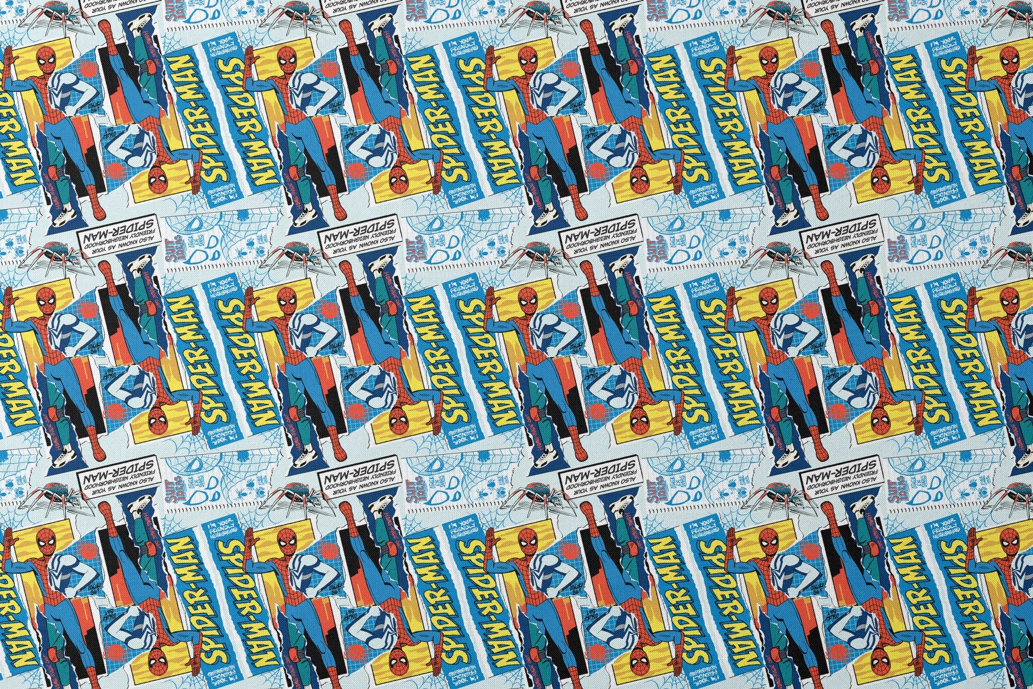 Spider-Man comic book style pattern with red and blue superheroes in action poses against web-themed background designs flat mockup