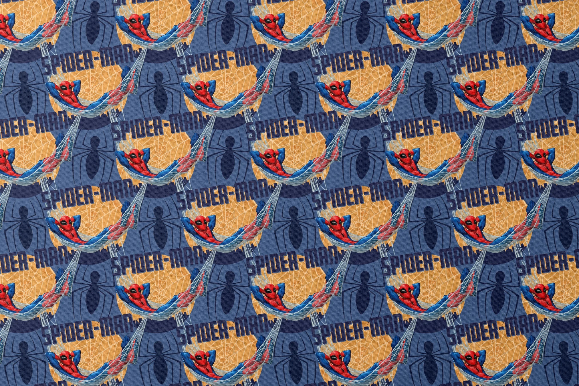 Spider-Man pattern with cartoon superhero in red and blue swinging on webbing against navy and gold background designs flat mockup