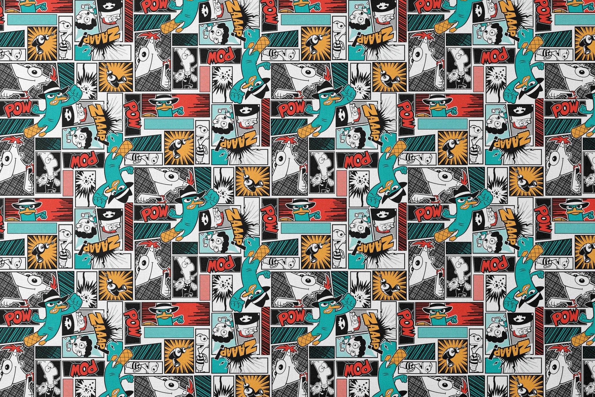 Comic book style pattern with colorful panels featuring sound effects like POW, BANG, and WHAM on red, blue, and black backgrounds designs flat mockup
