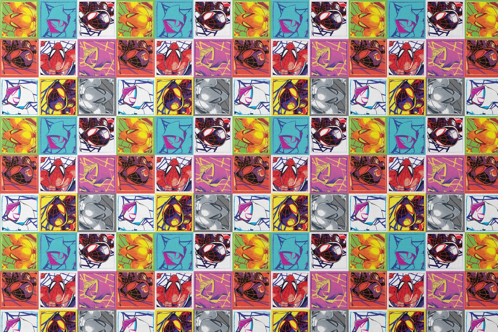 Colorful pop art grid of nine Spiderman designs in vibrant color schemes designs flat mockup