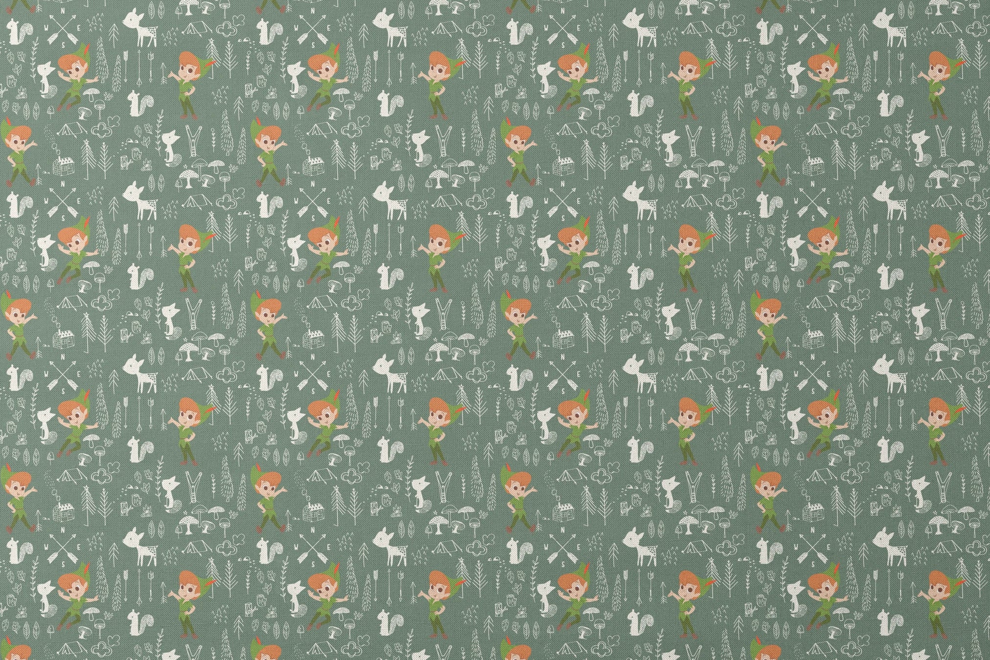 Illustrated forest pattern with cartoon characters in green outfits, white animals, and woodland elements on sage background. designs flat mockup