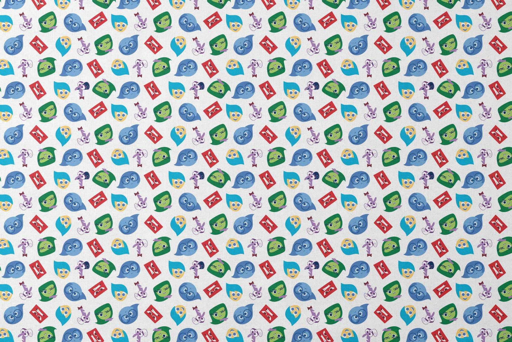 Colorful pattern of Inside Out characters - Joy, Sadness, Anger, Disgust, and Fear designs flat mockup