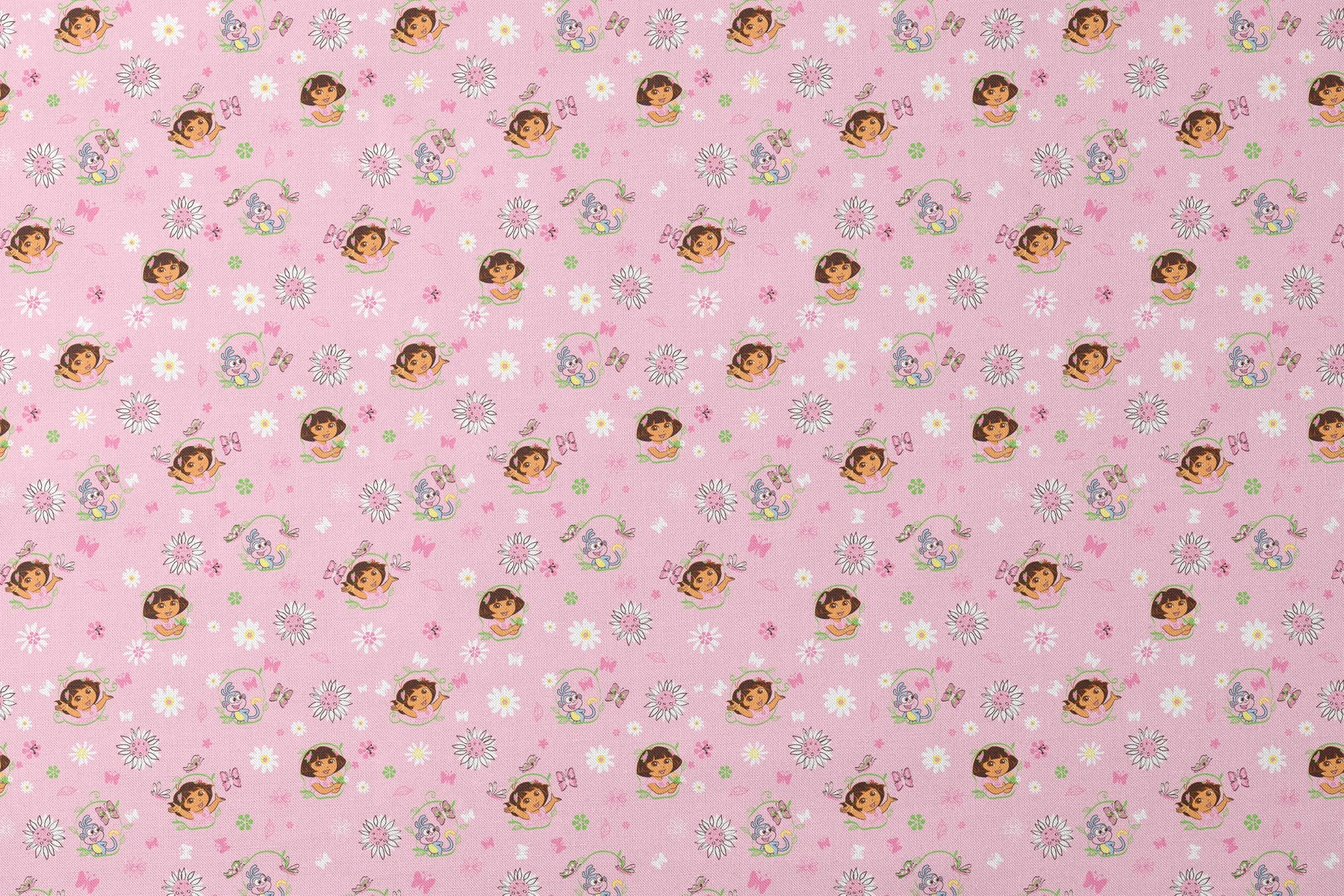 Pink background with Dora the Explorer characters, white daisies and purple butterflies scattered throughout designs flat mockup