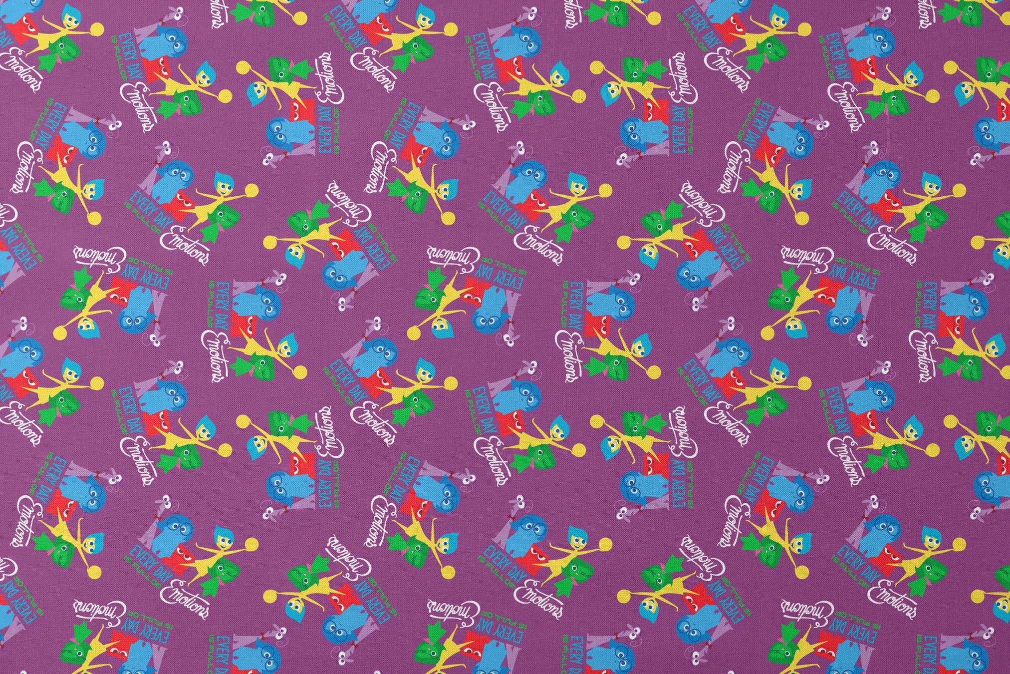 Purple background with repeating pattern of Inside Out characters - Joy, Sadness, Anger, Disgust, Fear, and text elements. designs flat mockup