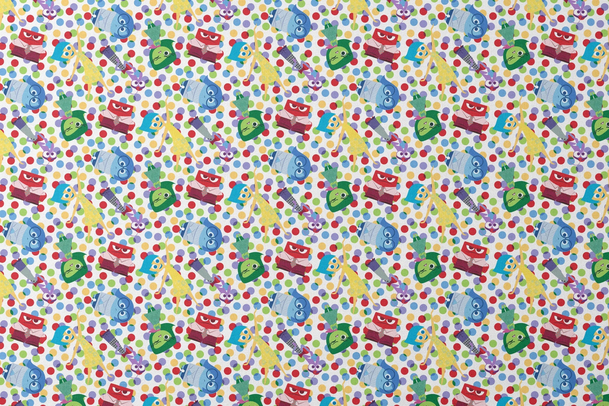Colorful pattern of animated character heads from Inside Out movie on polka dot background designs flat mockup