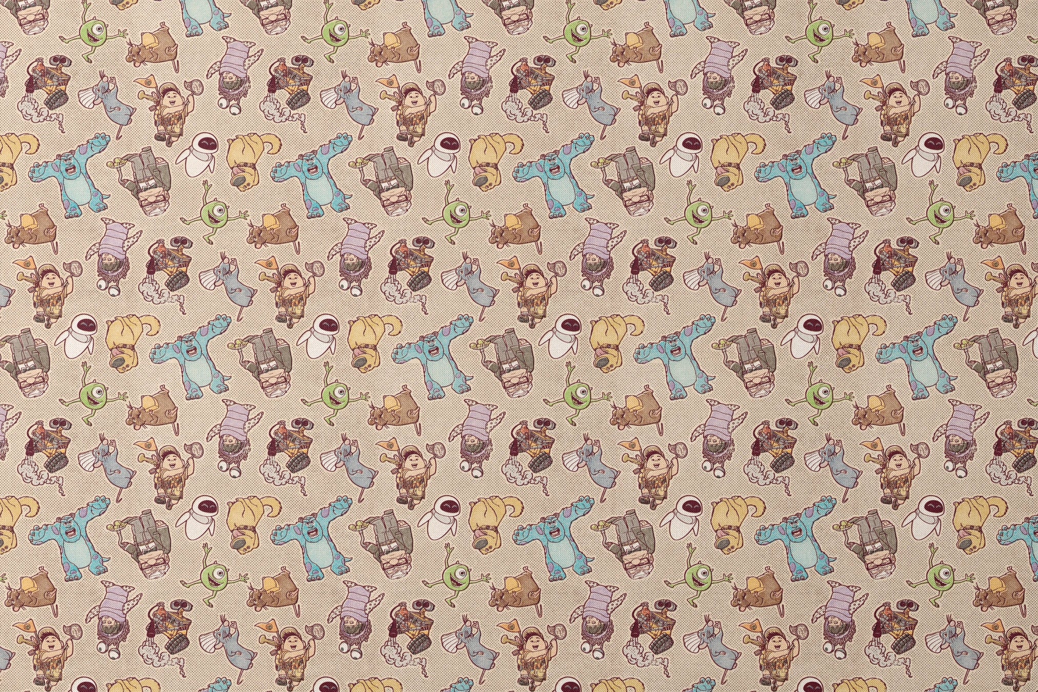 Cute cartoon pattern of Pixar characters including Wall-E, Sulley, and other characters on beige background designs flat mockup