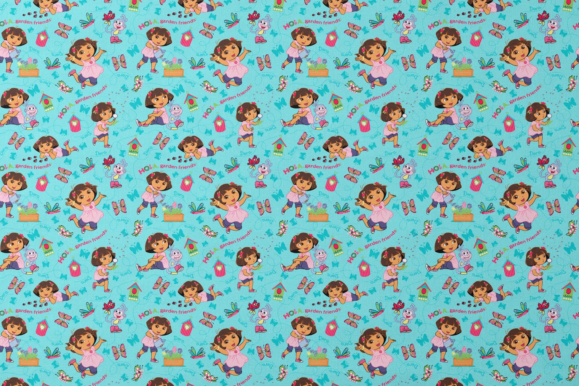 Colorful Dora the Explorer pattern on light blue background designs flat mockup