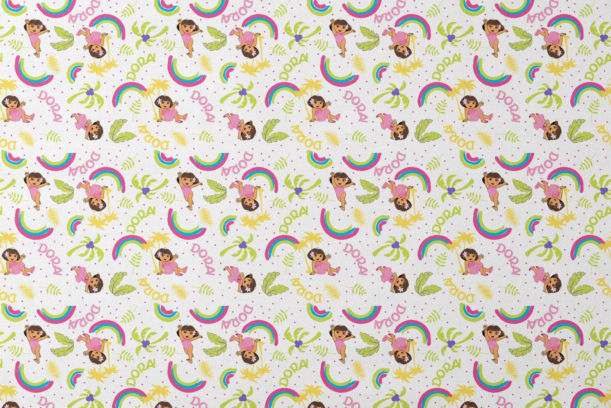 Cartoon pattern with colorful rainbows, Dora the Explorer characters, green leaves, and yellow leaves on white background designs flat mockup