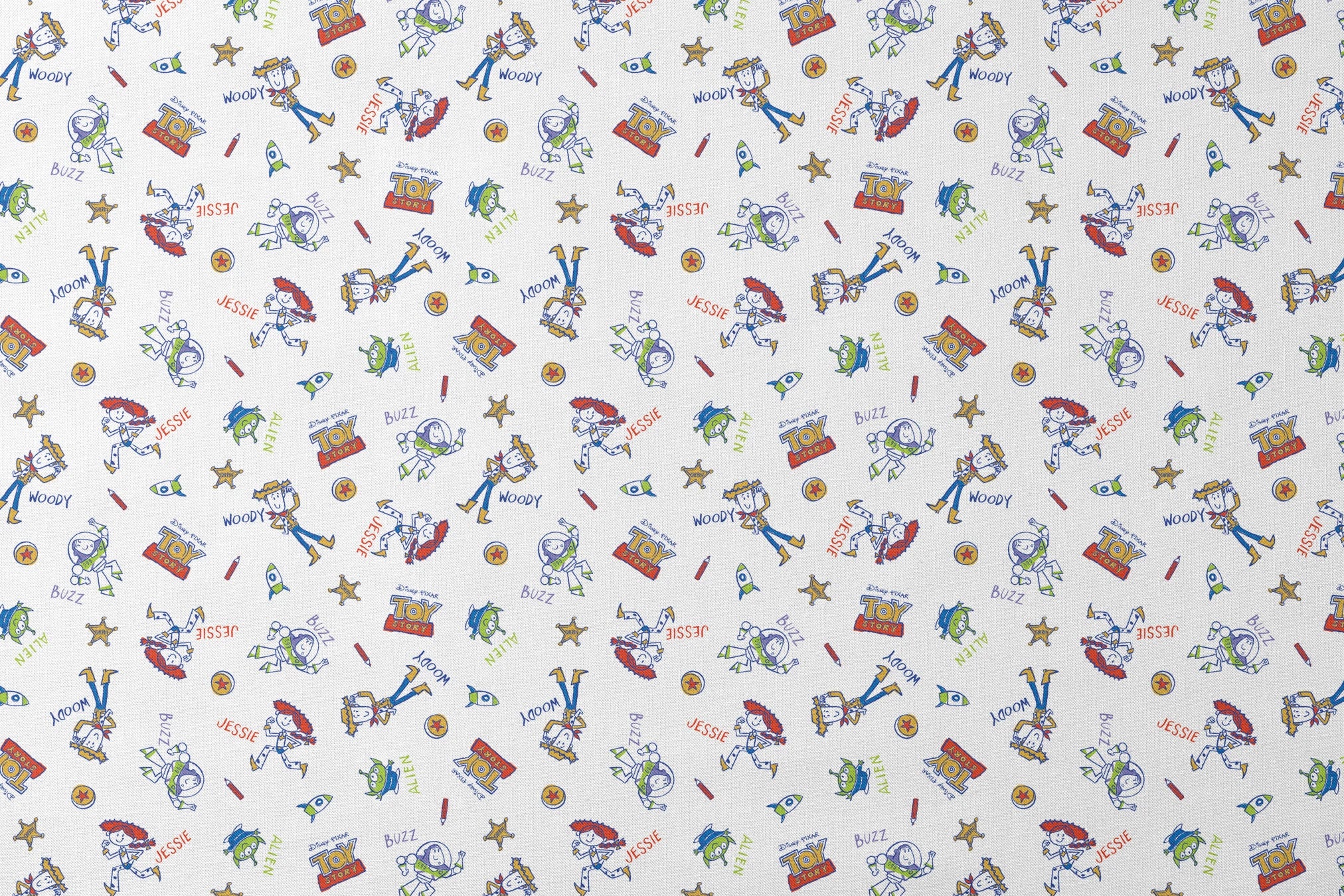 Toy Story pattern with Buzz Lightyear and Woody characters, stars, and spaceships on white background designs flat mockup