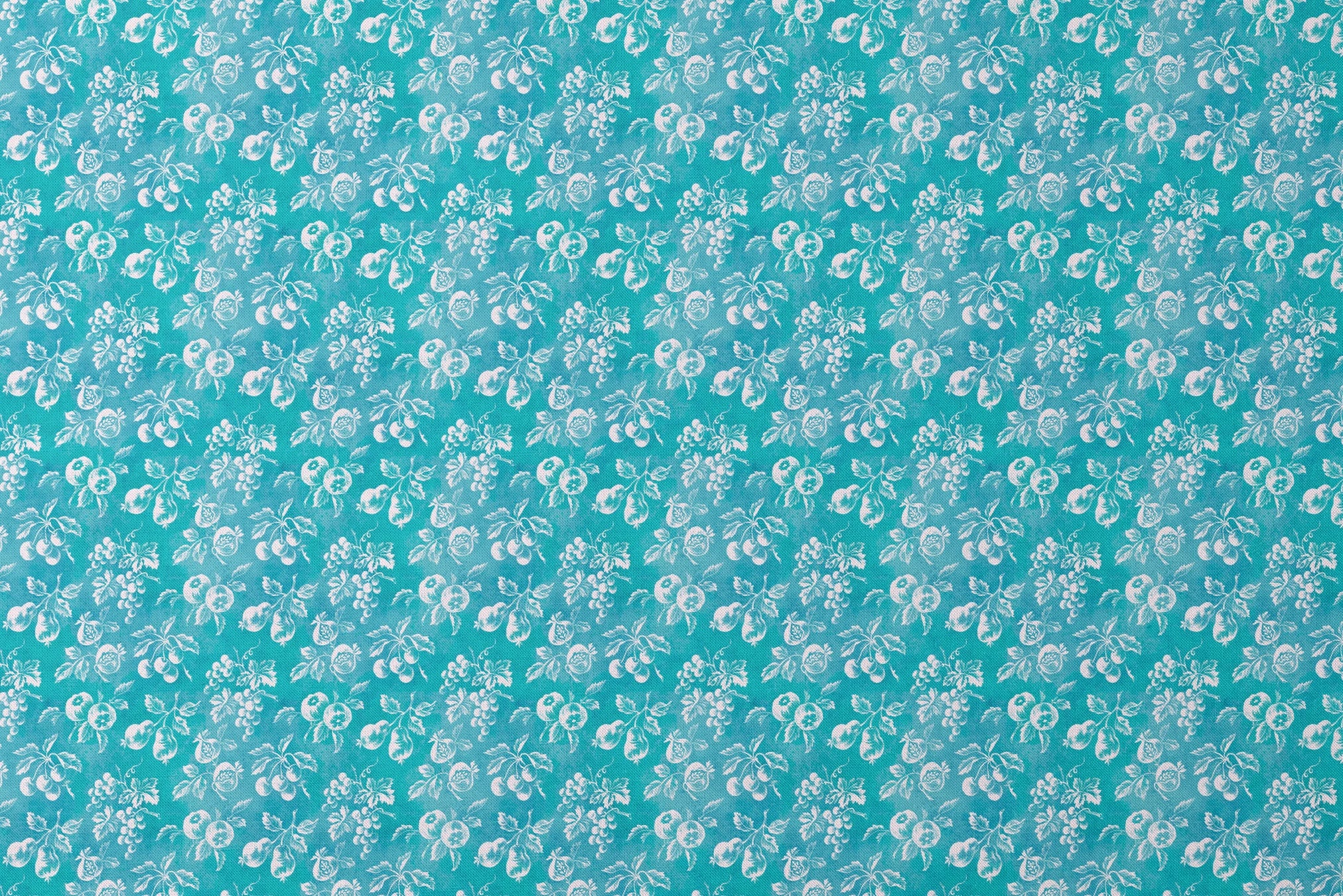 Teal background with white vintage fruit pattern featuring cherries, grapes, and pears designs flat mockup
