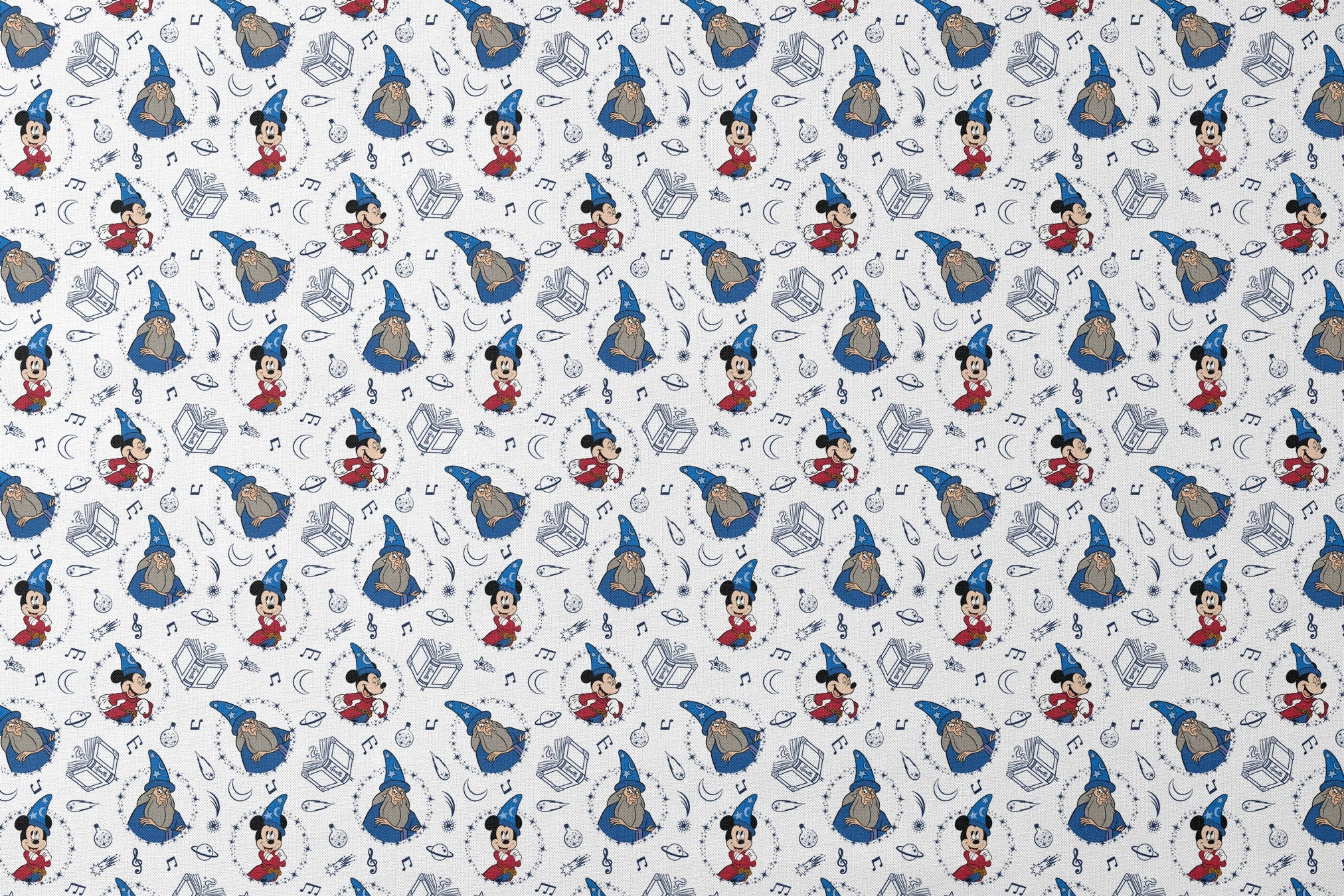 Disney's Fantasia pattern with Mickey Mouse in wizard hat, magical books, music notes, celestial elements on white background designs flat mockup